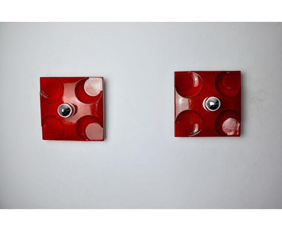 Pair Of Fat Lava Sconces By Hustadt Leuchten Orange Ceramic Germany 1960 photo furniture