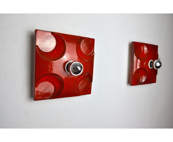 Pair Of Fat Lava Sconces By Hustadt Leuchten Orange Ceramic Germany 1960 photo Lighting