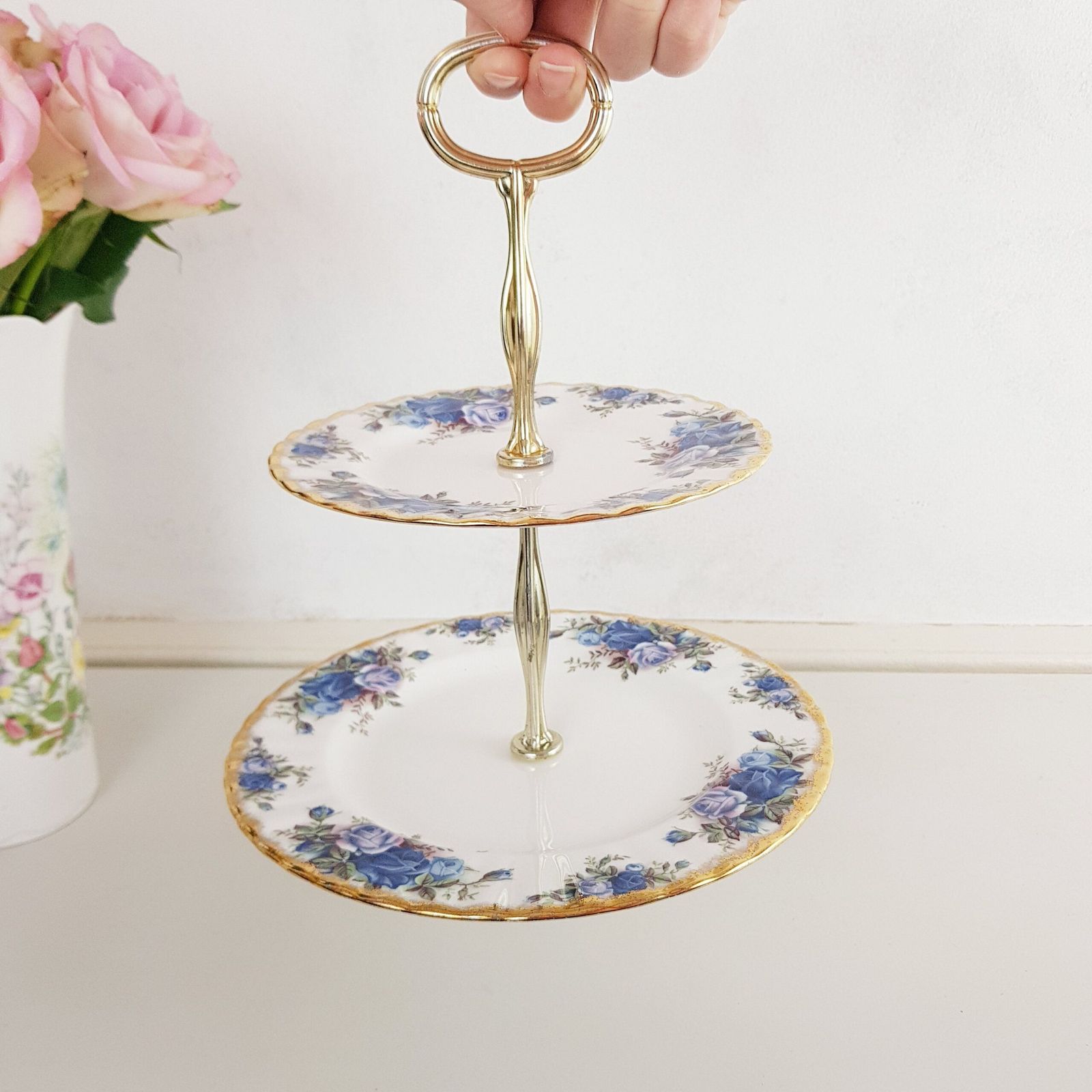 Original 1987 Ltd Royal Albert Moonlight Rose Double Tier With Handle, Cake Stand, Made In England photo Home Decor