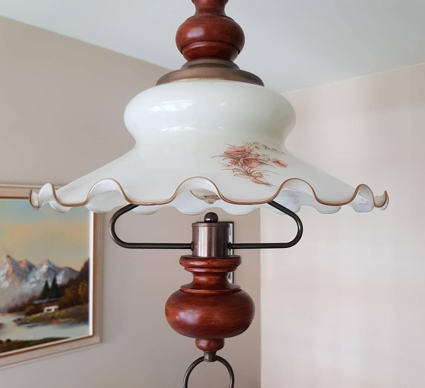 Bijzondere Hanglamp, Houten Handgreep, Opaline Glas, In Hoogte Verstelbaar – Zeldzaam photo buy