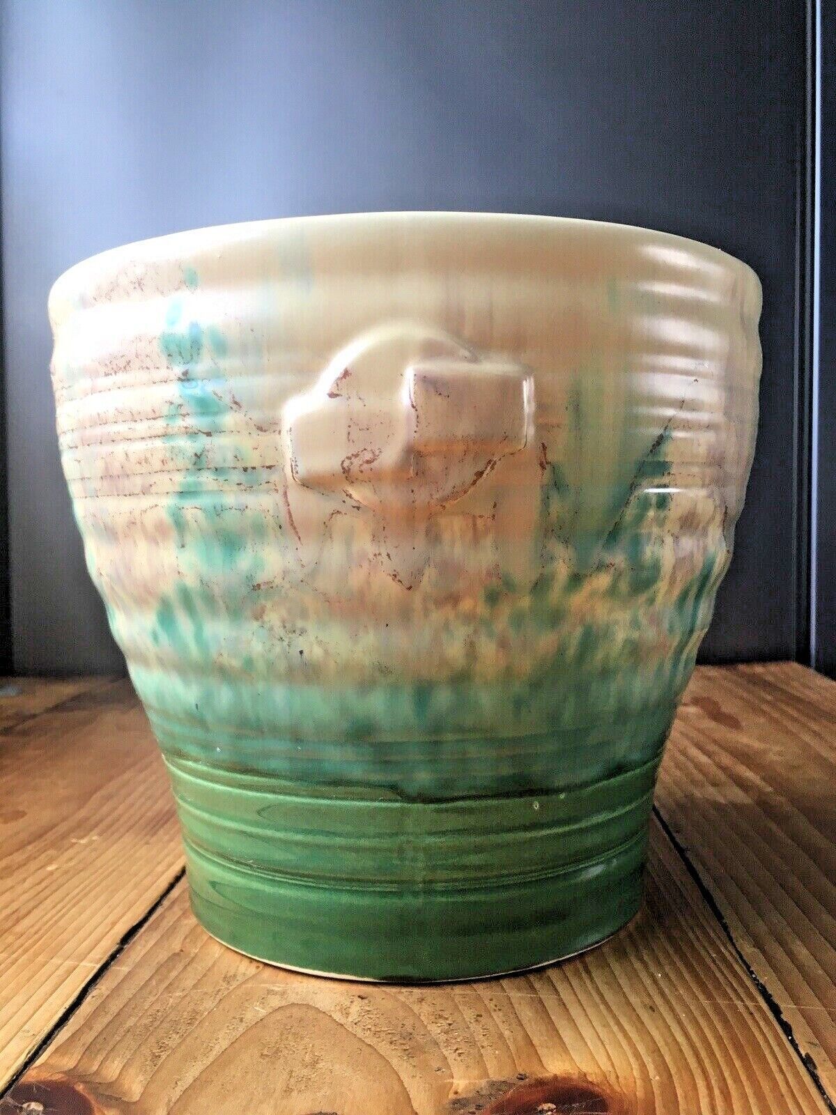 Rare C1936 Art Deco Beswick 378/2 Ribbed Dripglaze Jardiniere Planter Plant Pot photo for sale