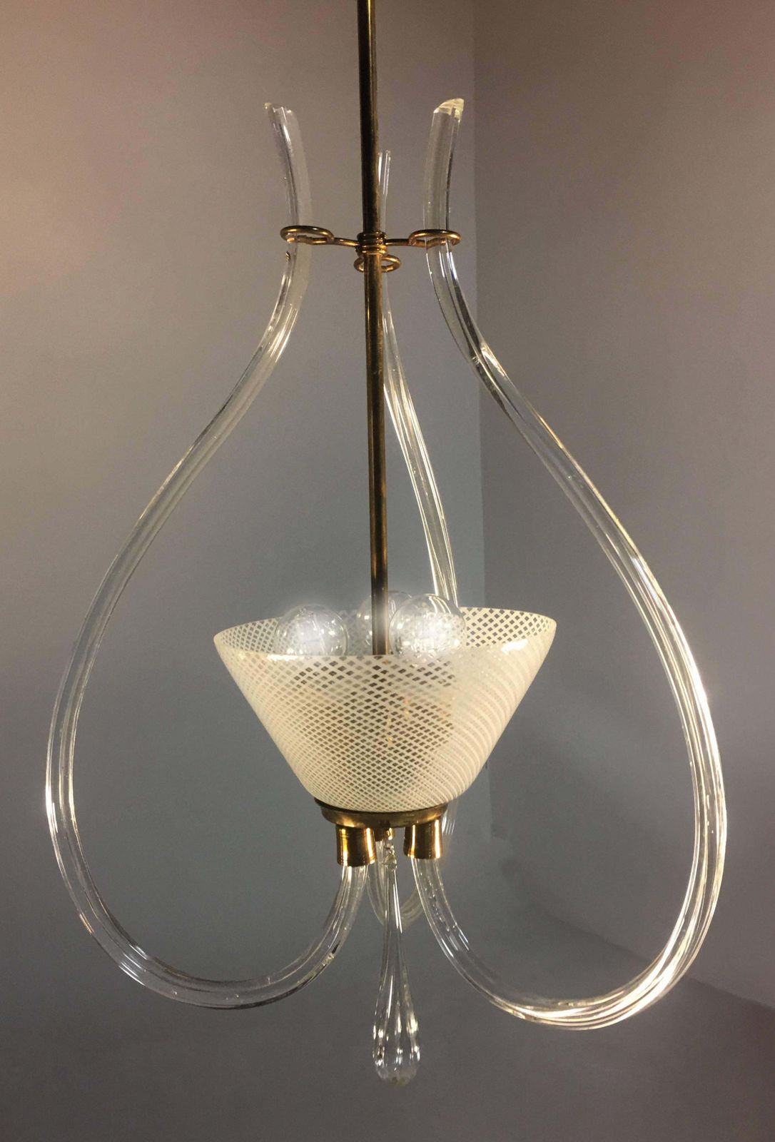 Adorable Pendant Chandelier "Reticello" By Venini, Murano, 1940s photo for sale