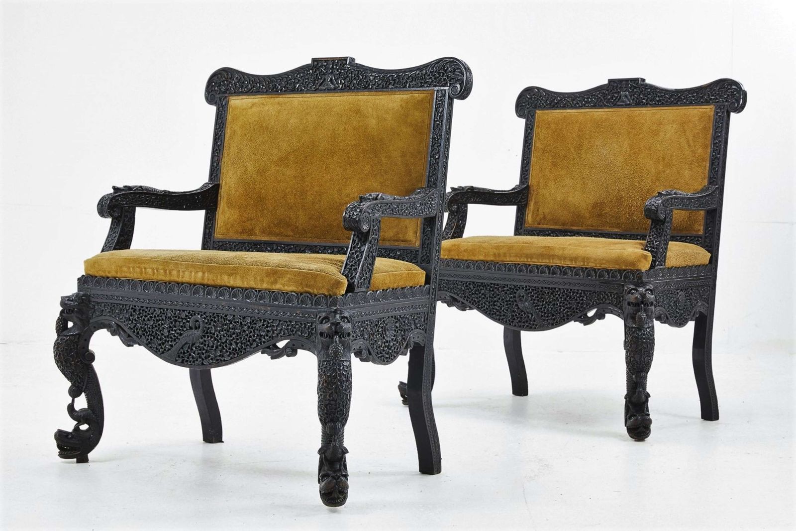 Extraordinary C19th Pair Of Indian Carved Hardwood Chairs / Hall Seats photo furniture