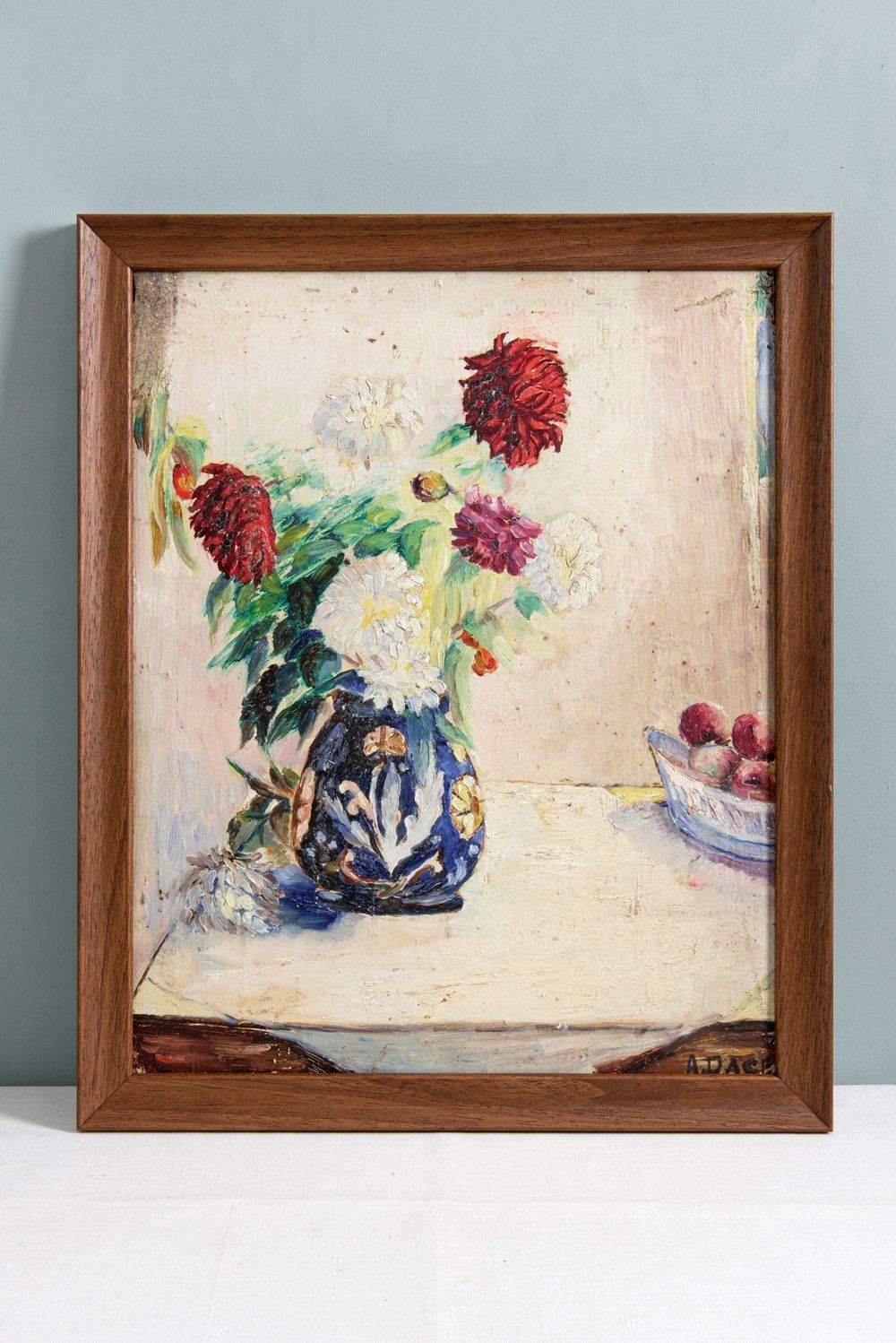French School, Dahlias In Blue Vase, Oil On Panel, Midcentury photo furniture