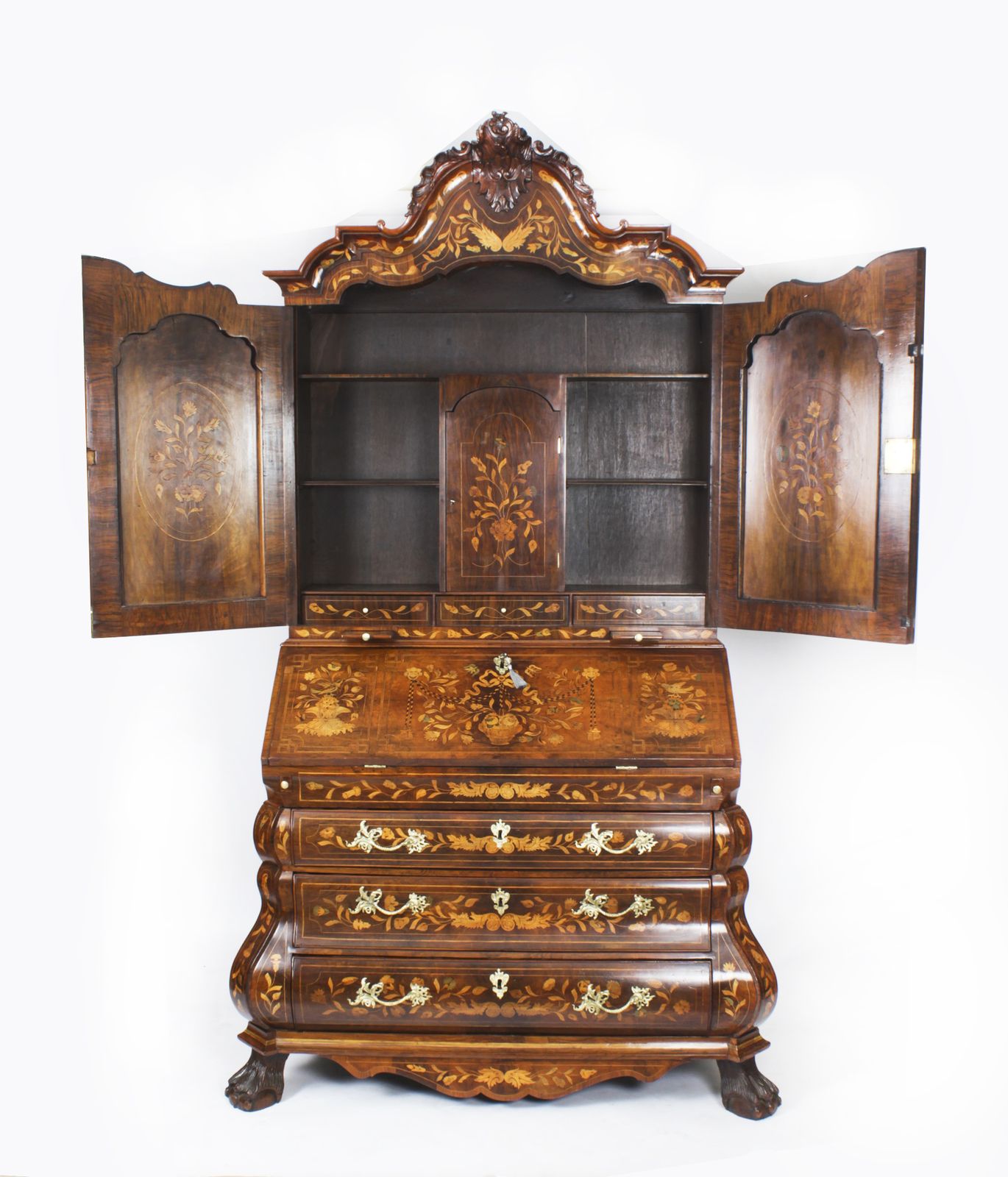 Antique Walnut Dutch Marquetry Bureau Cabinet.1780 18th C photo for sale