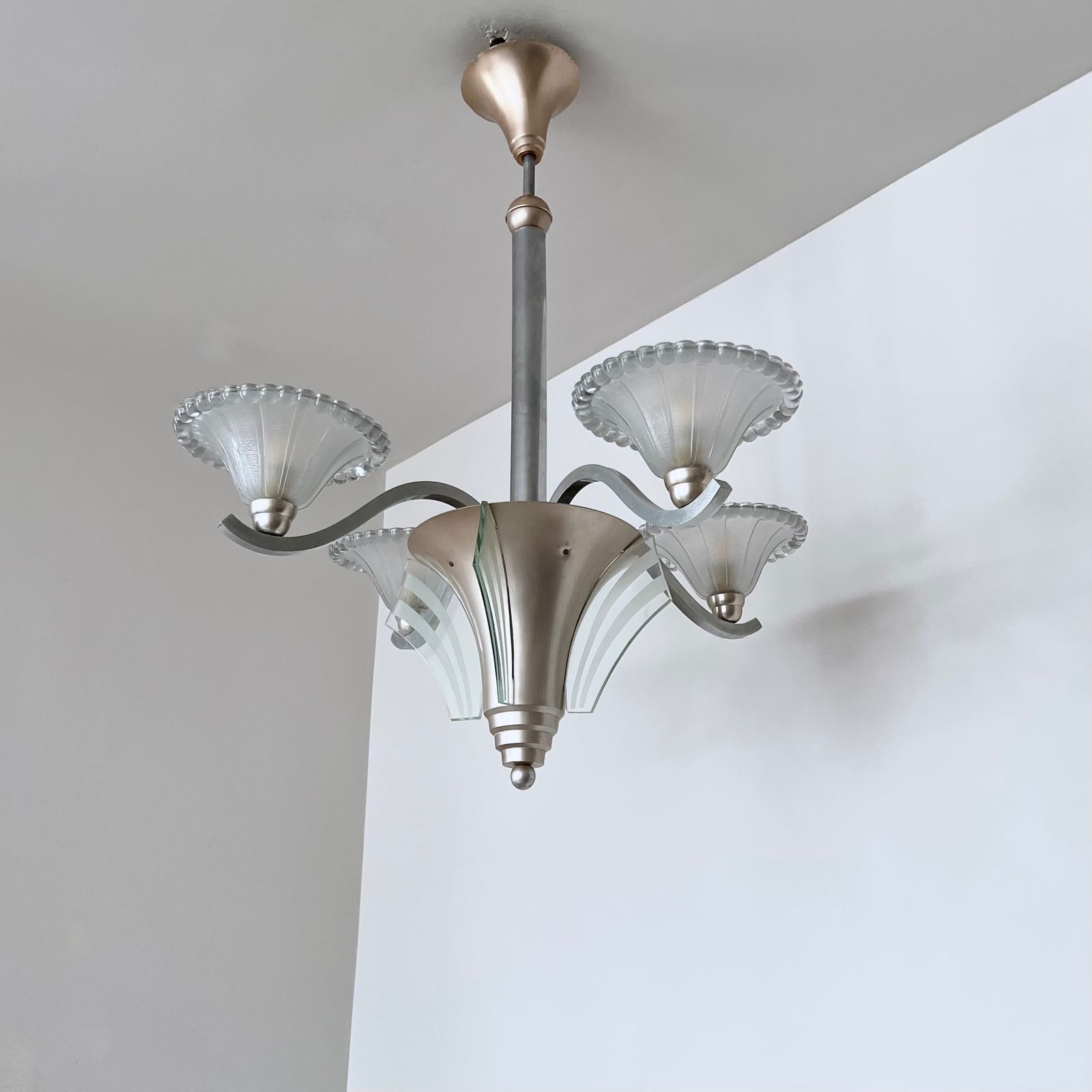 French Mid Century Chandelier With Moulded Glass Shades photo for sale