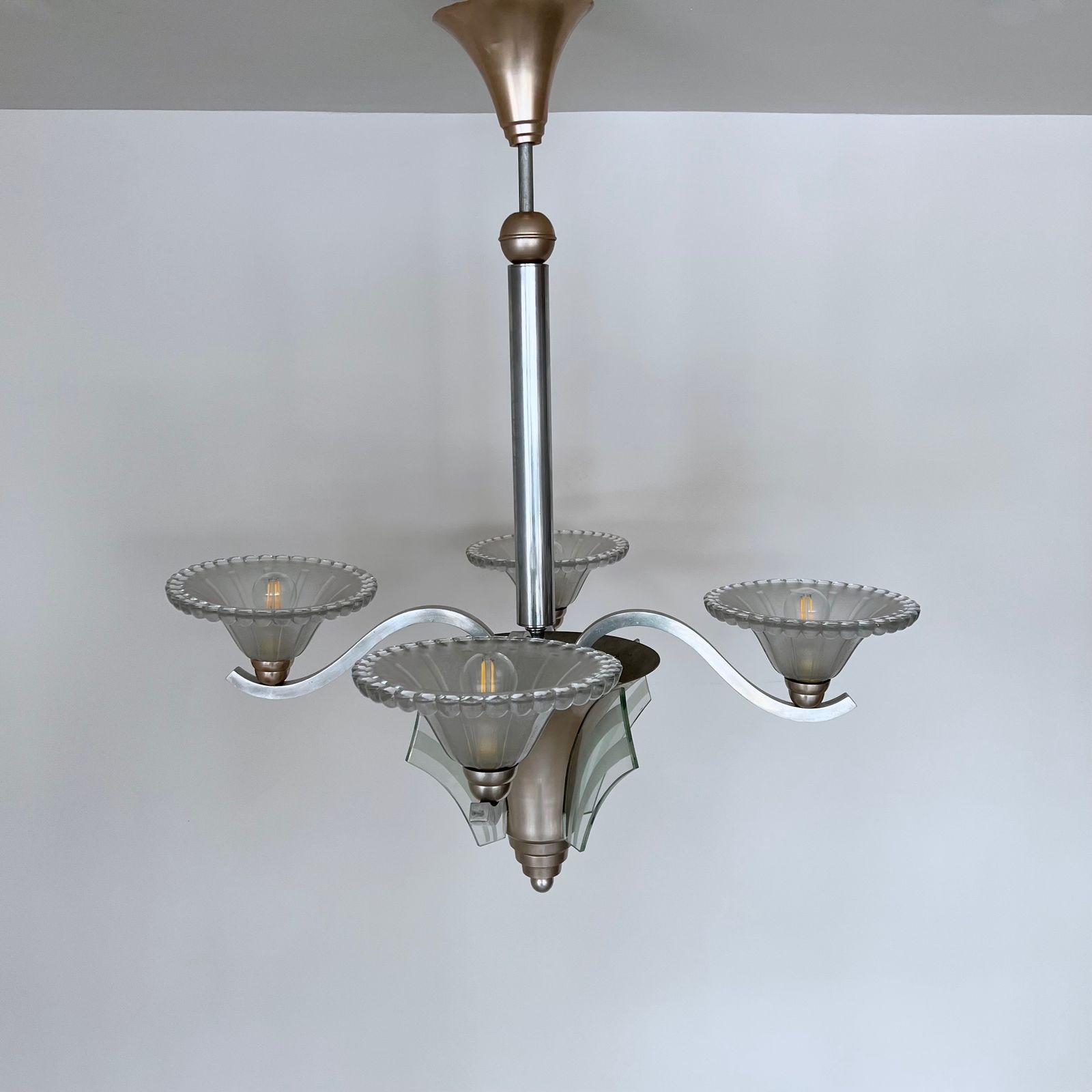 French Mid Century Chandelier With Moulded Glass Shades photo Lighting