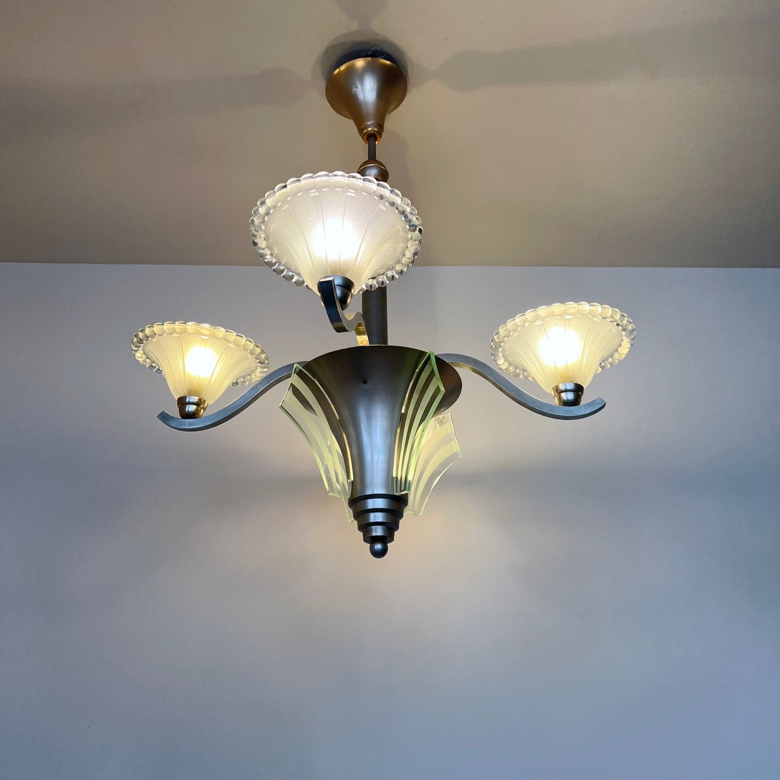 photo for sale French Mid Century Chandelier With Moulded Glass Shades