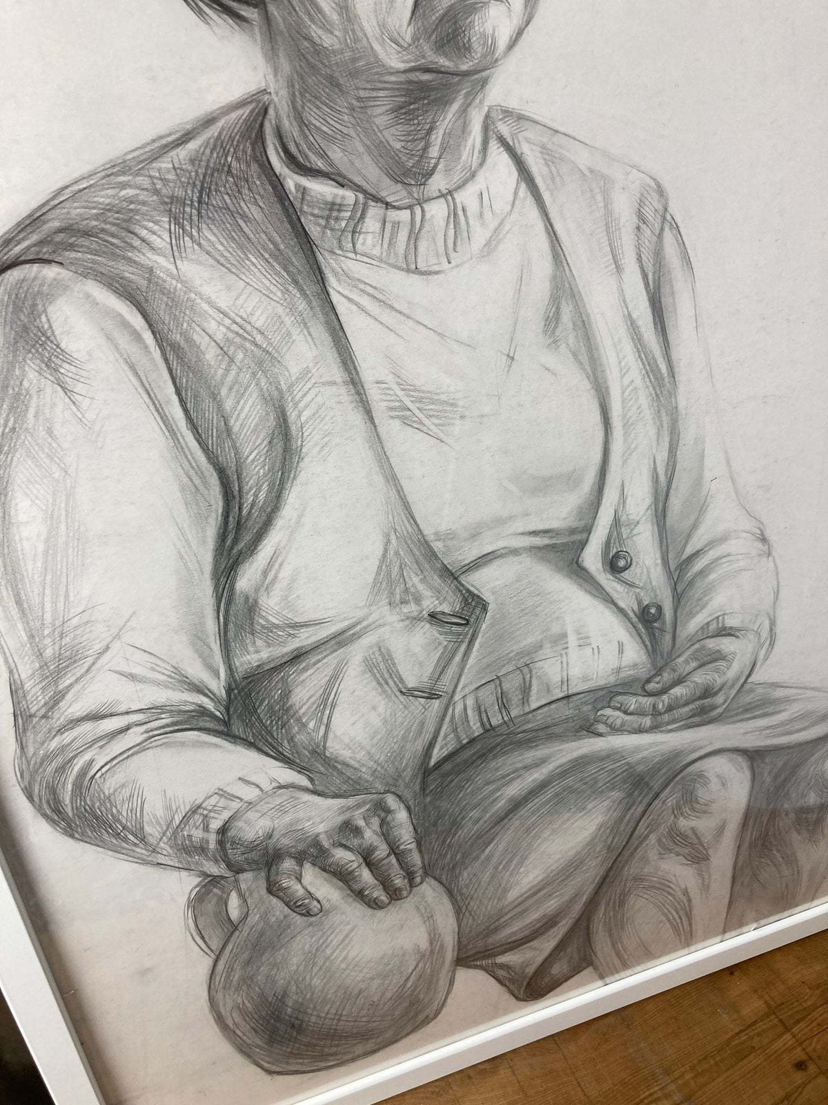Vintage Original Pencil Drawing Picture Old Lady With Vase Eastern European photo Art
