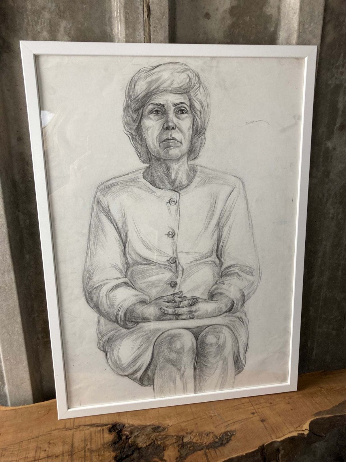 Vintage Original Pencil Drawing Picture Older Lady Cardigan Eastern European photo furniture