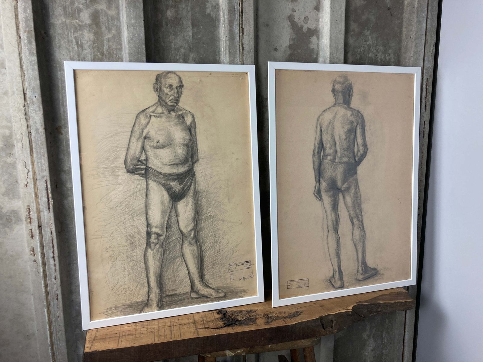 Vintage Original Pencil Drawing Picture Pair Old Man Front Back Eastern European