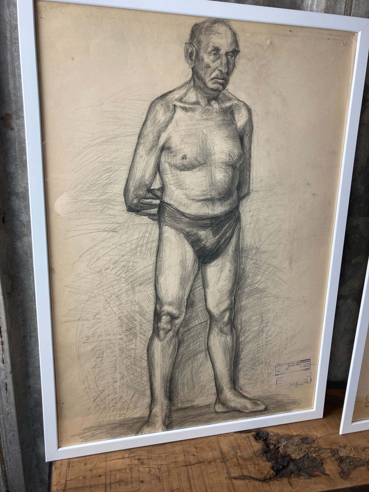 Vintage Original Pencil Drawing Picture Pair Old Man Front Back Eastern European photo furniture