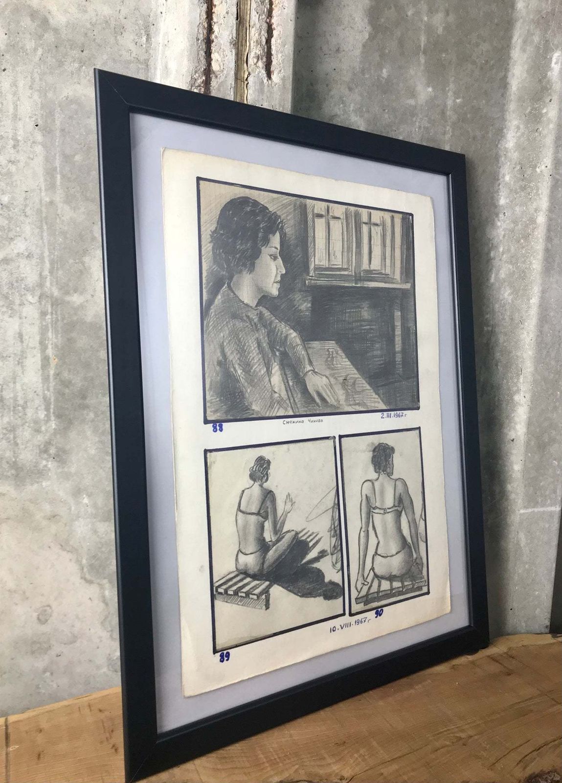 Fashionable Vintage 1960’s Pencil Drawing Portrait Of Lady’s Numbers Listings Stylish Art Work Eastern European Piece photo Art