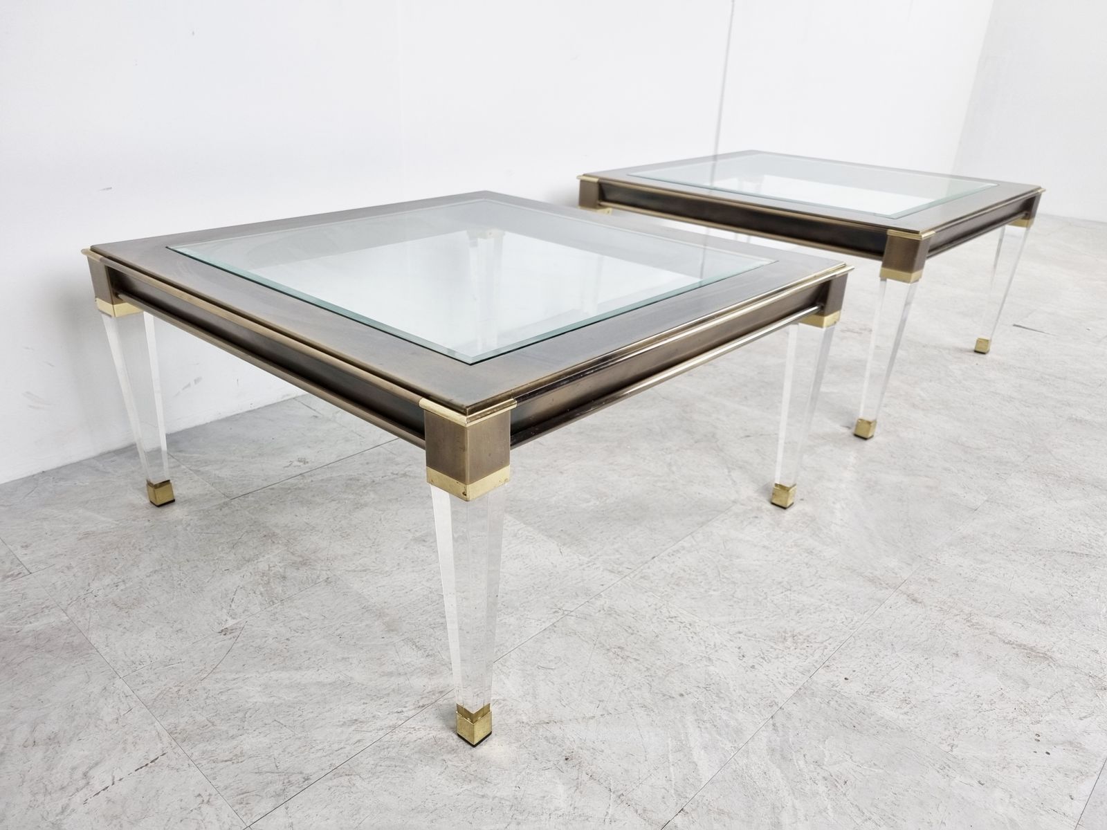 Vintage Lucite And Brass Side Tables, 1980s photo for sale