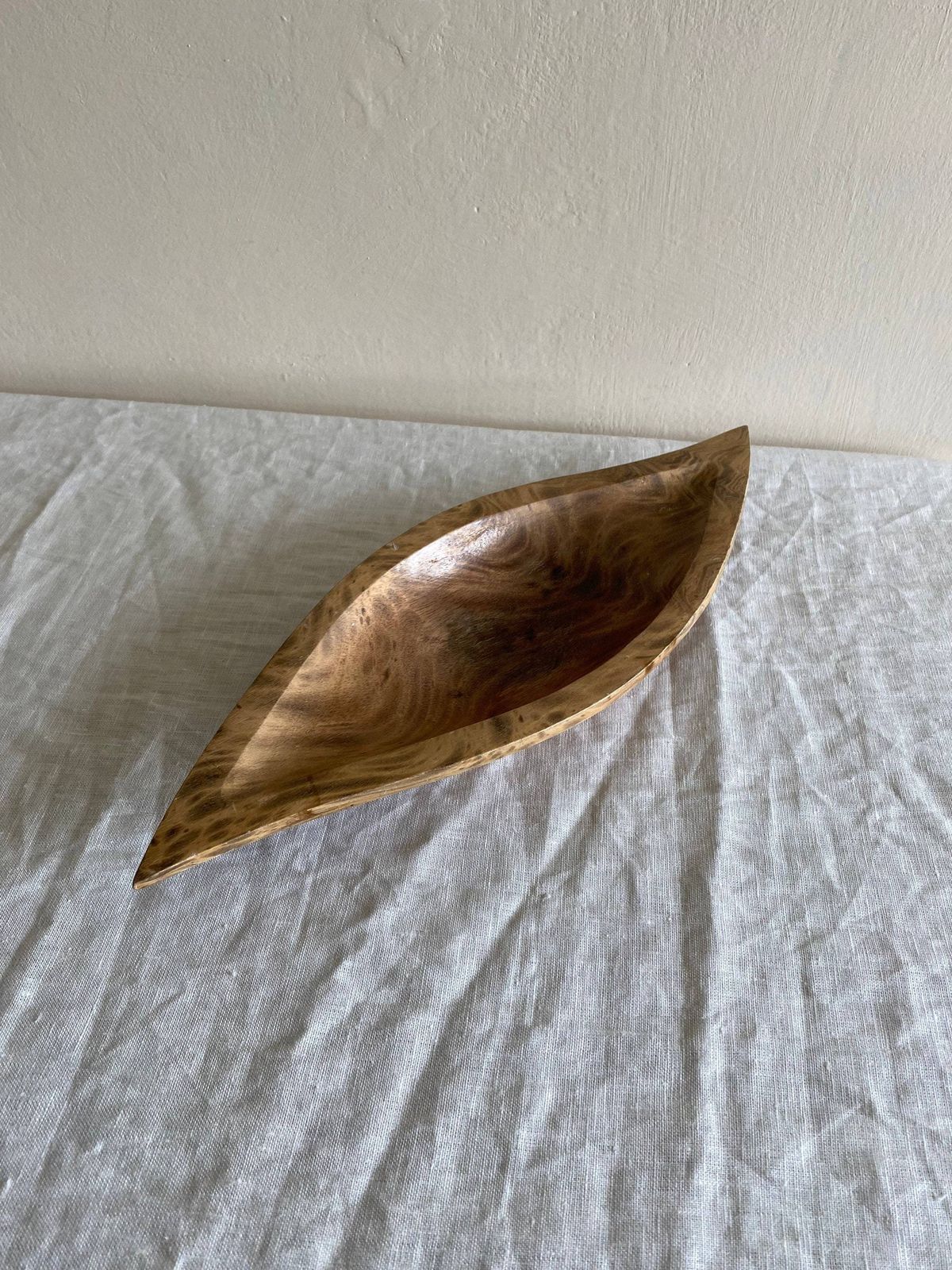 Mid Century Burr Wood Decorative Bowl / Curved Wooden Dish   Larger C.1970 photo for sale
