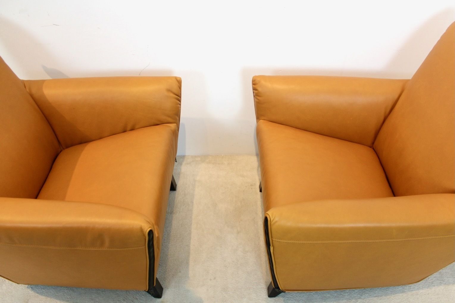 photo for sale Artifort F330 Cordoba Lounge Chairs In Soft Ochre Leather By Gerard Van Den Berg