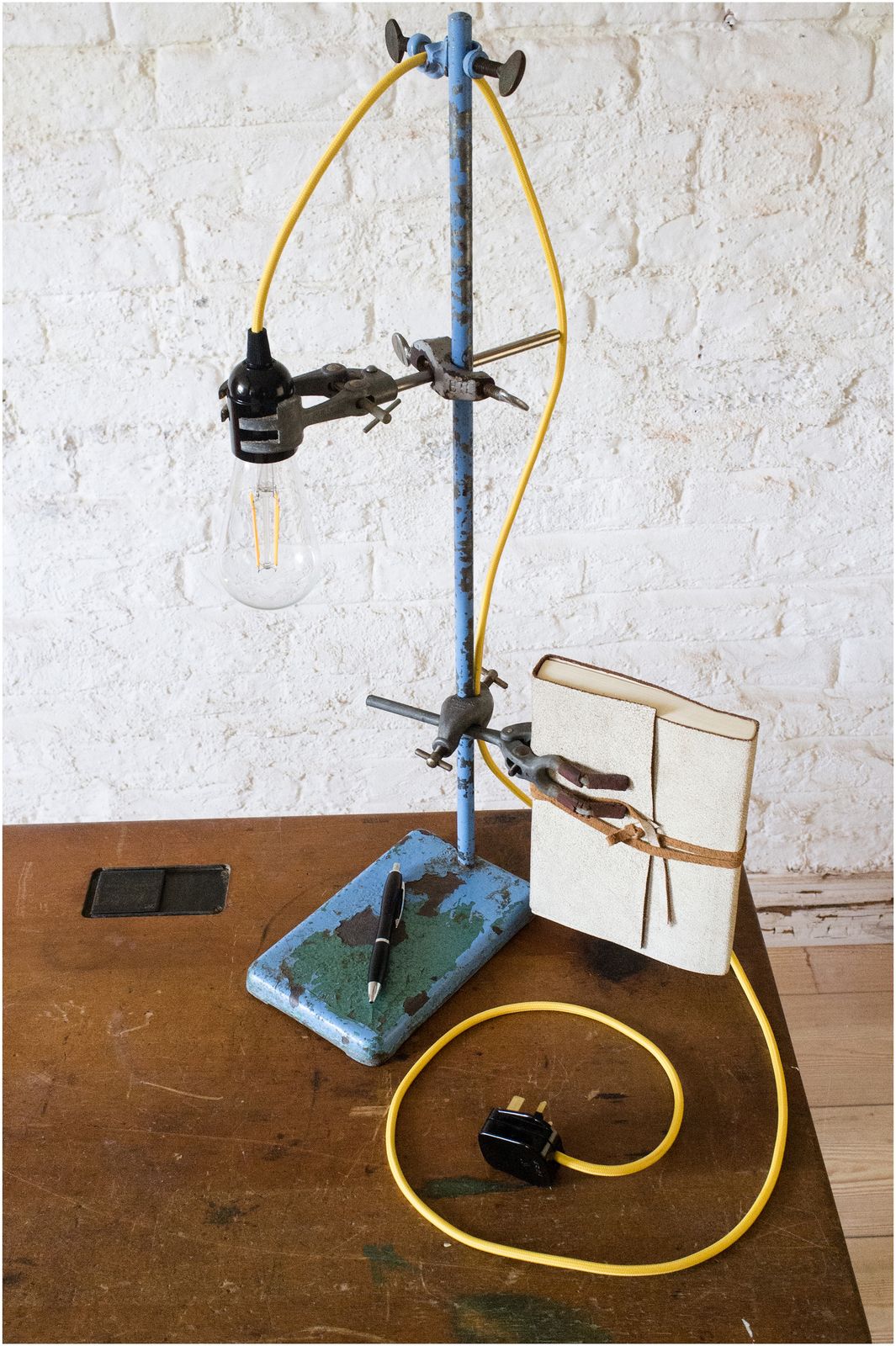 Fantastic Industrial Lab Stand Desk Bedside Lamp In Blue With Yellow Corded Lamp Holder & Lamp (244) photo furniture