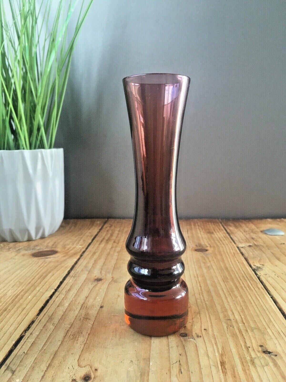 Retro 70's Swedish Sea Glasbruk Kosta Boda Purple Scandinavian Hooped Glass Vase photo for sale