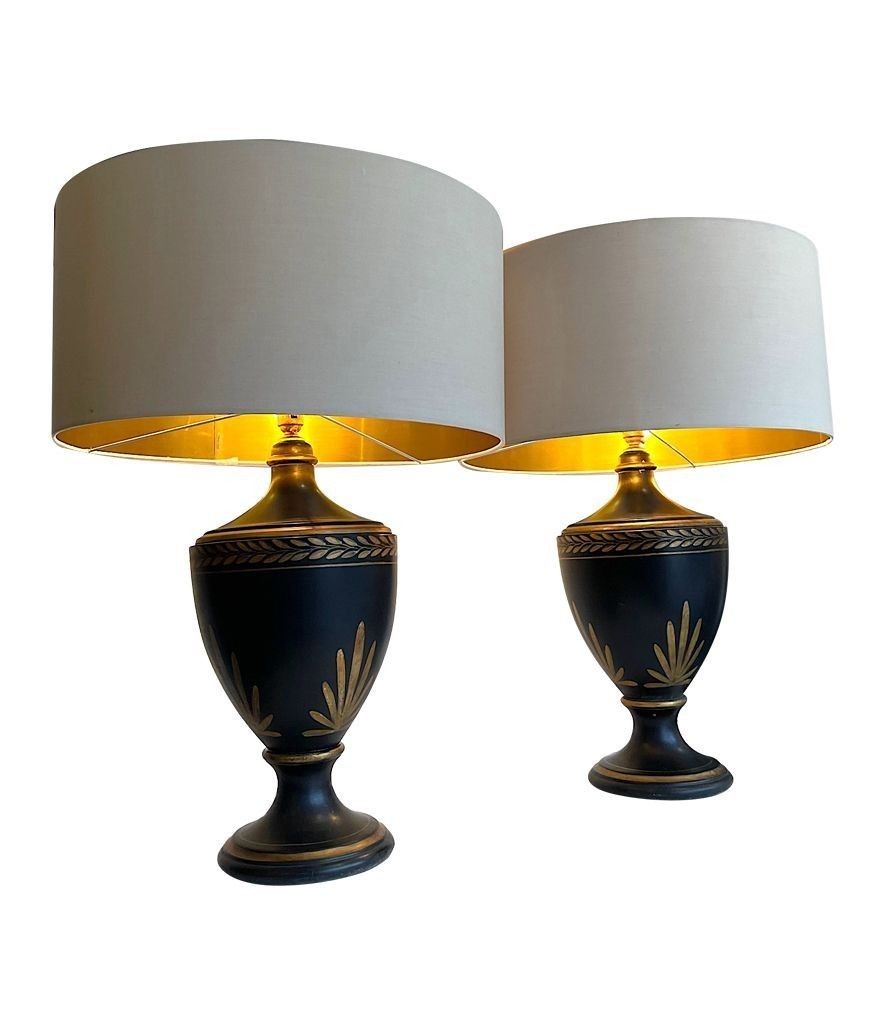 A 1970s Pair Of Large Black Ceramic Gilt Painted Lamps In A Neoclassical Style photo 850.0