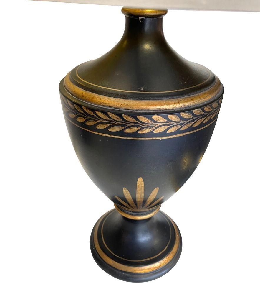 A 1970s Pair Of Large Black Ceramic Gilt Painted Lamps In A Neoclassical Style photo vinterior