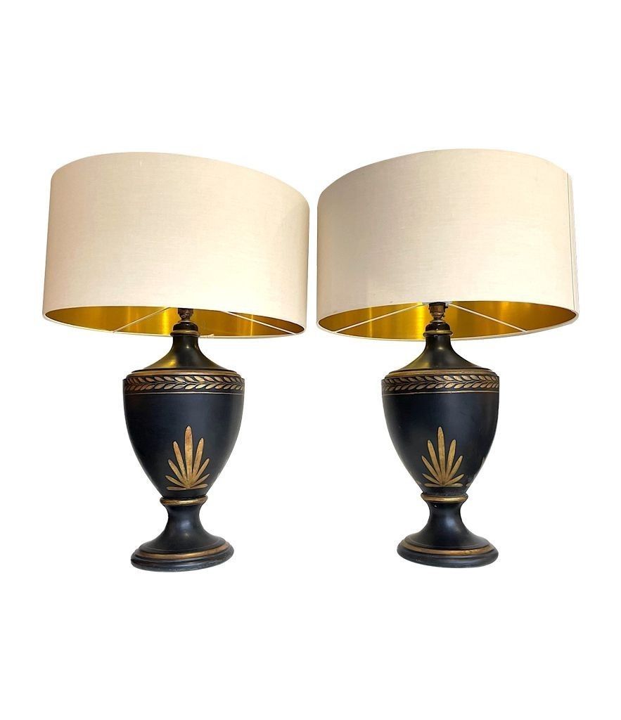 photo furniture A 1970s Pair Of Large Black Ceramic Gilt Painted Lamps In A Neoclassical Style