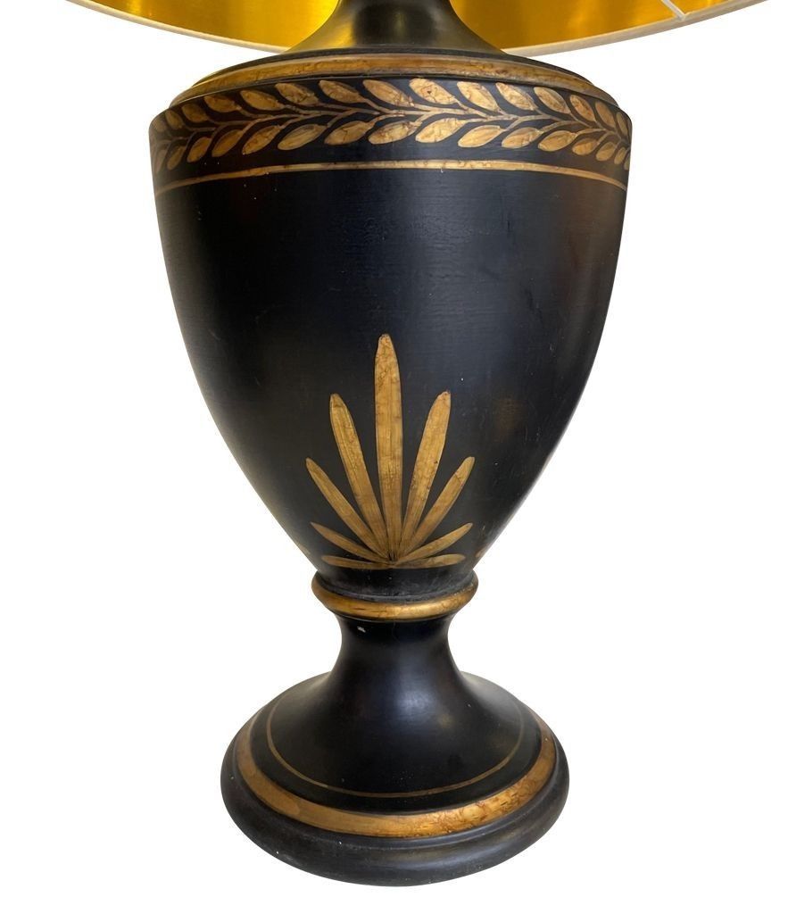 850.0 A 1970s Pair Of Large Black Ceramic Gilt Painted Lamps In A Neoclassical Style photo