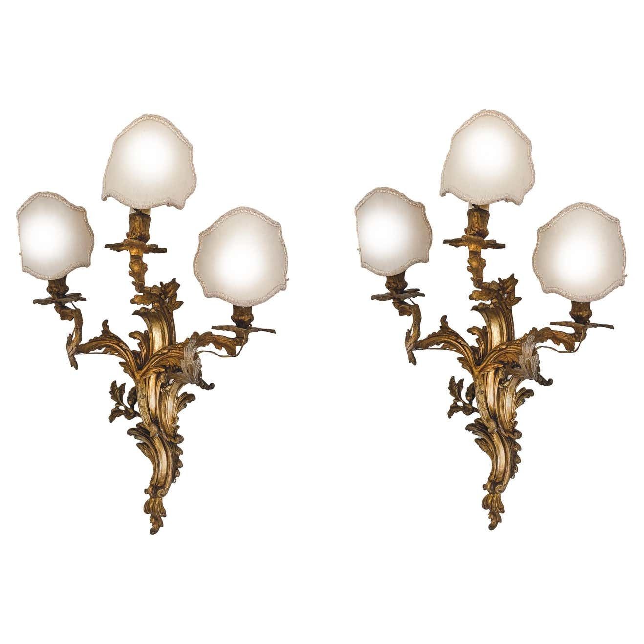 19th Century Pair Louis XV Style Gilt Bronze Appliques Or Wall Lights