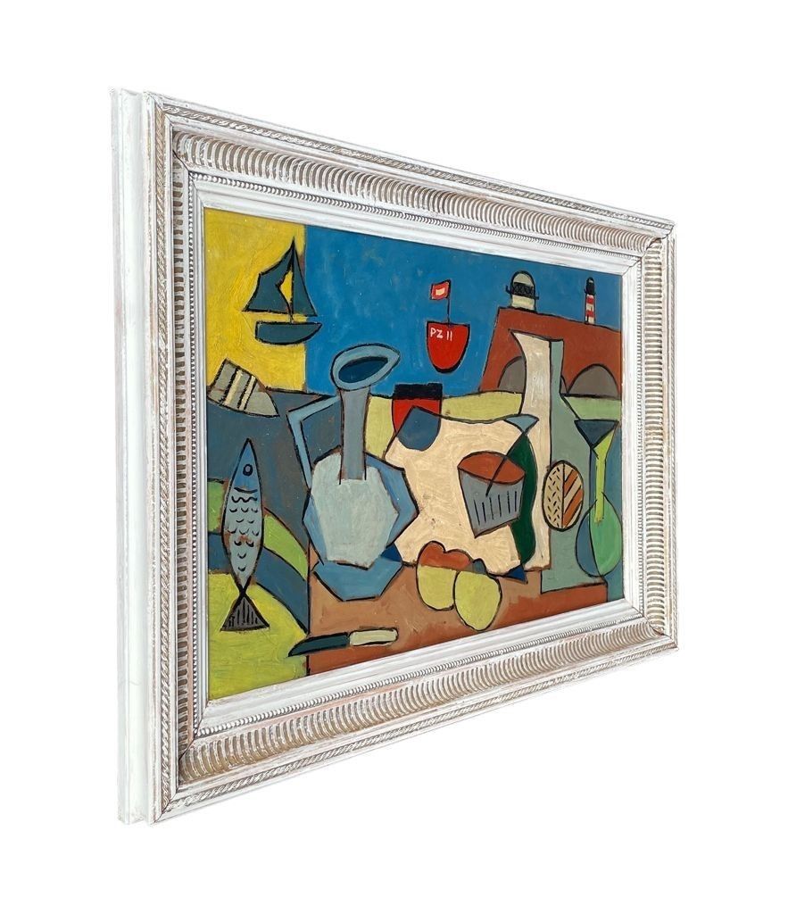 A Mid Century Abstract Still Life, Set Against A Harbour Backdrop. photo furniture