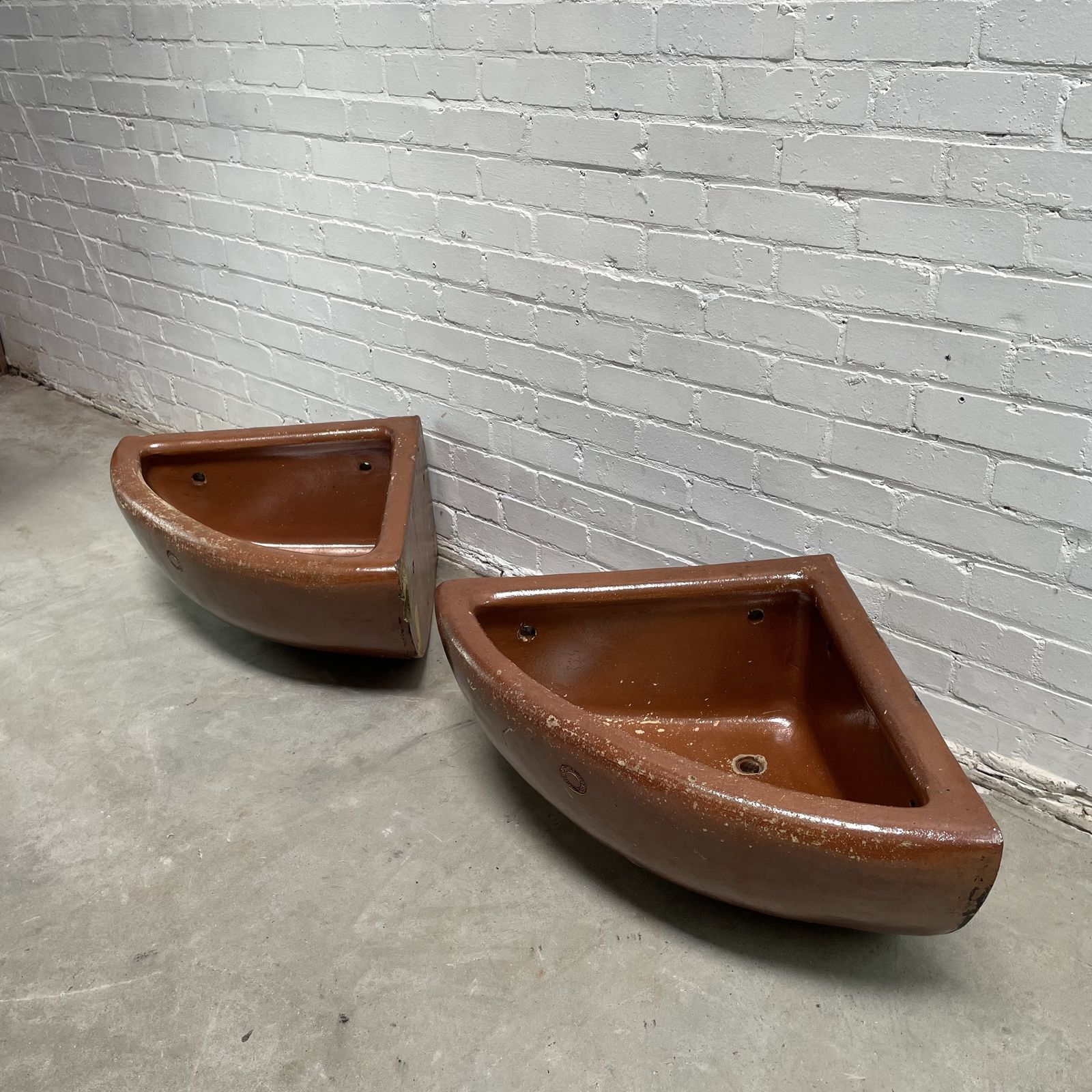 Pair Of Reclaimed Quarter Round Salt Glazed Corner Troughs photo vintage