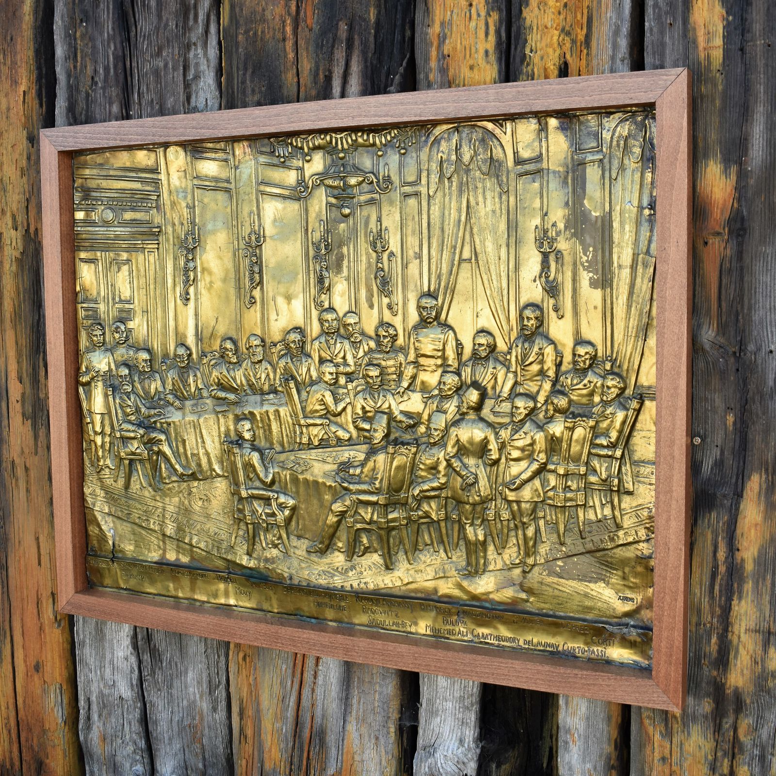 Antique 1884 Brass Repousse Plaque Art Arnold Anvers Antwerp Berlin Conference