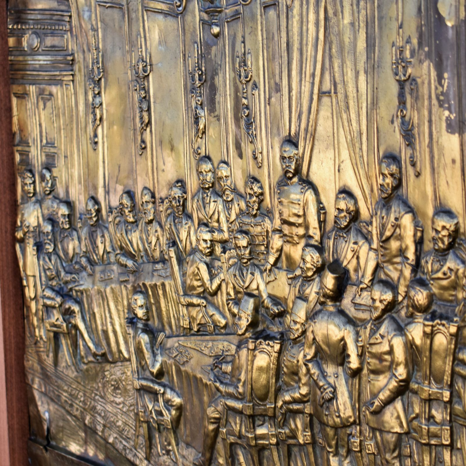 Antique 1884 Brass Repousse Plaque Art Arnold Anvers Antwerp Berlin Conference photo vintage