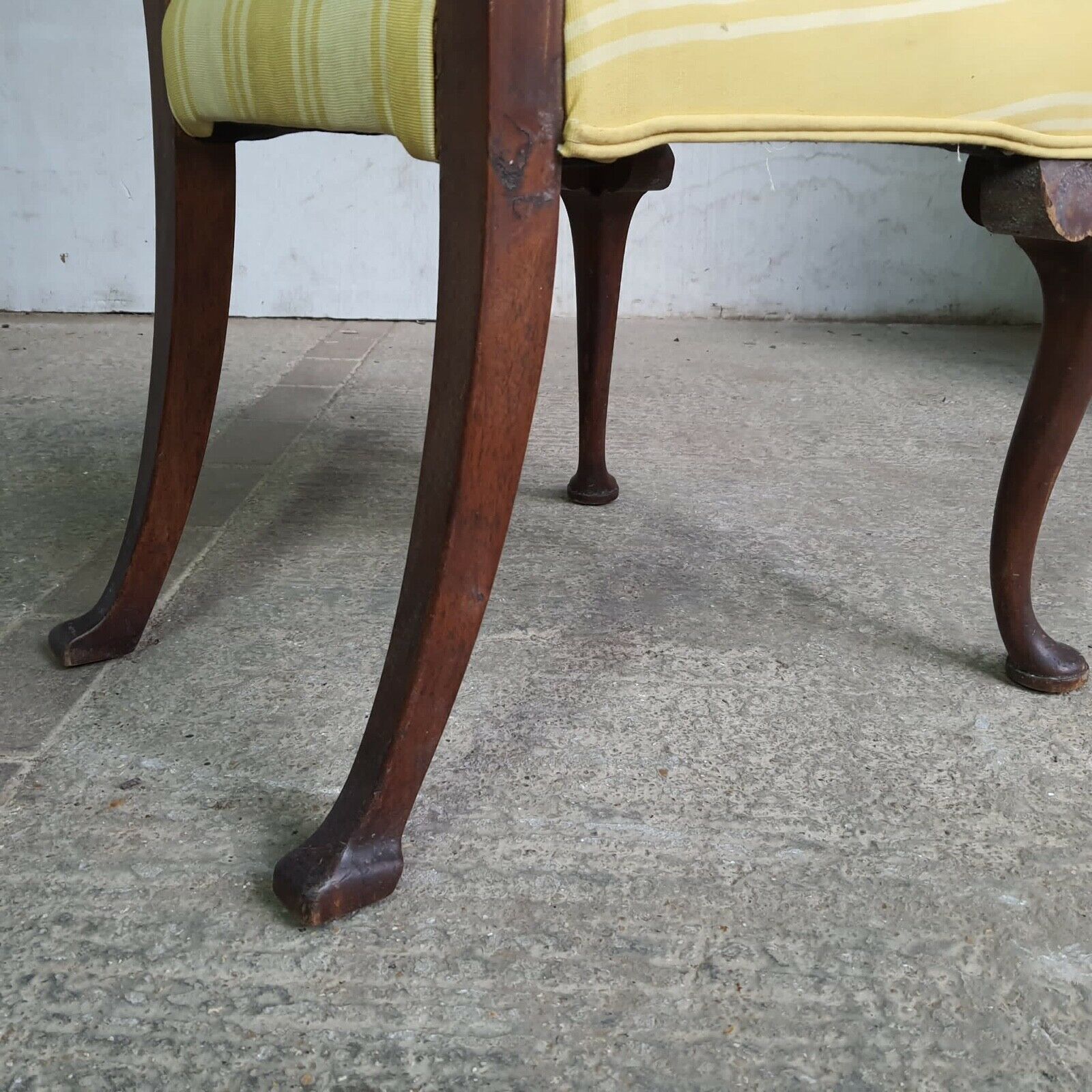 20thc Antique Upholstered High Back Chair Cabriole Legs Yellow Padded photo buy