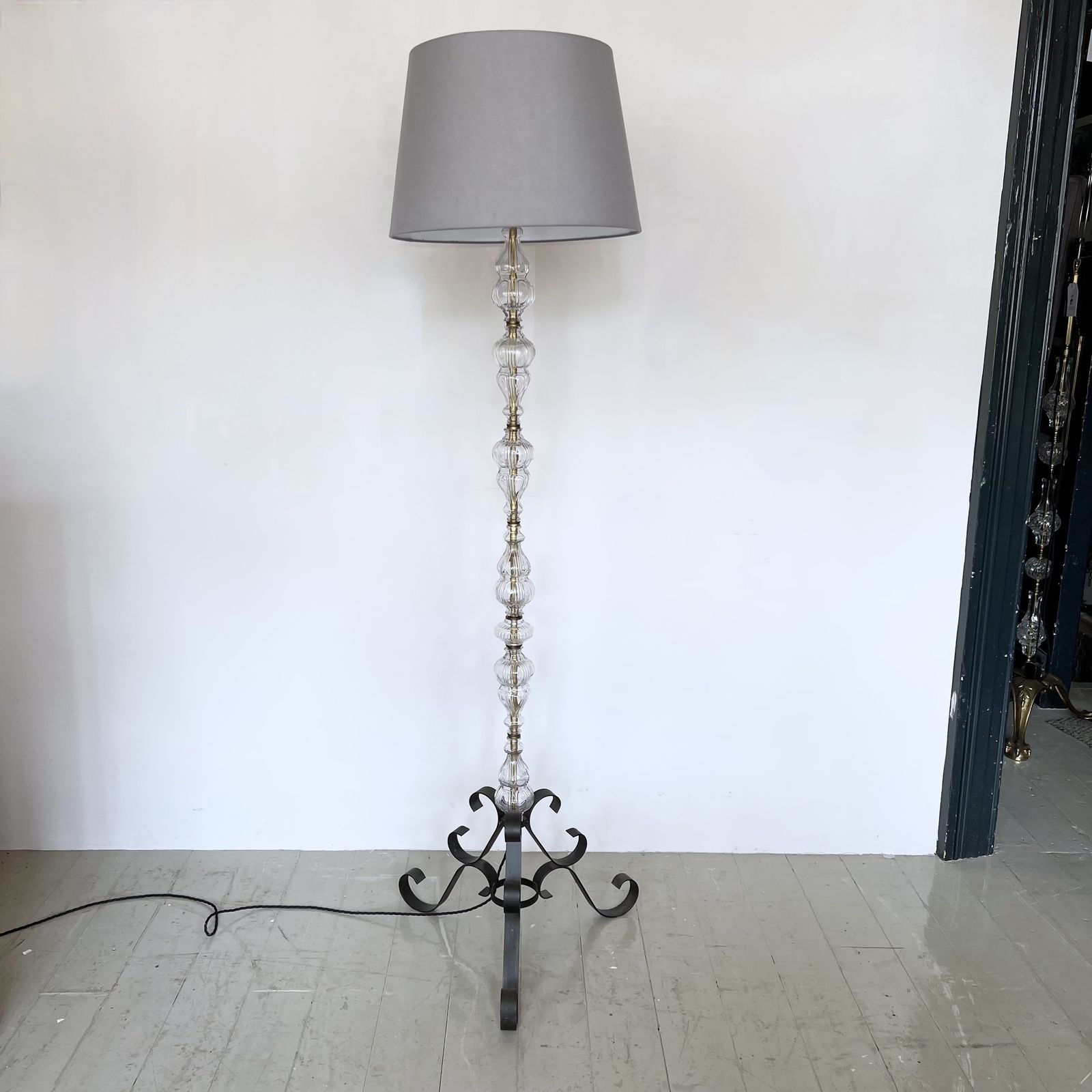 French Brass Floor Lamp With Glass Stem