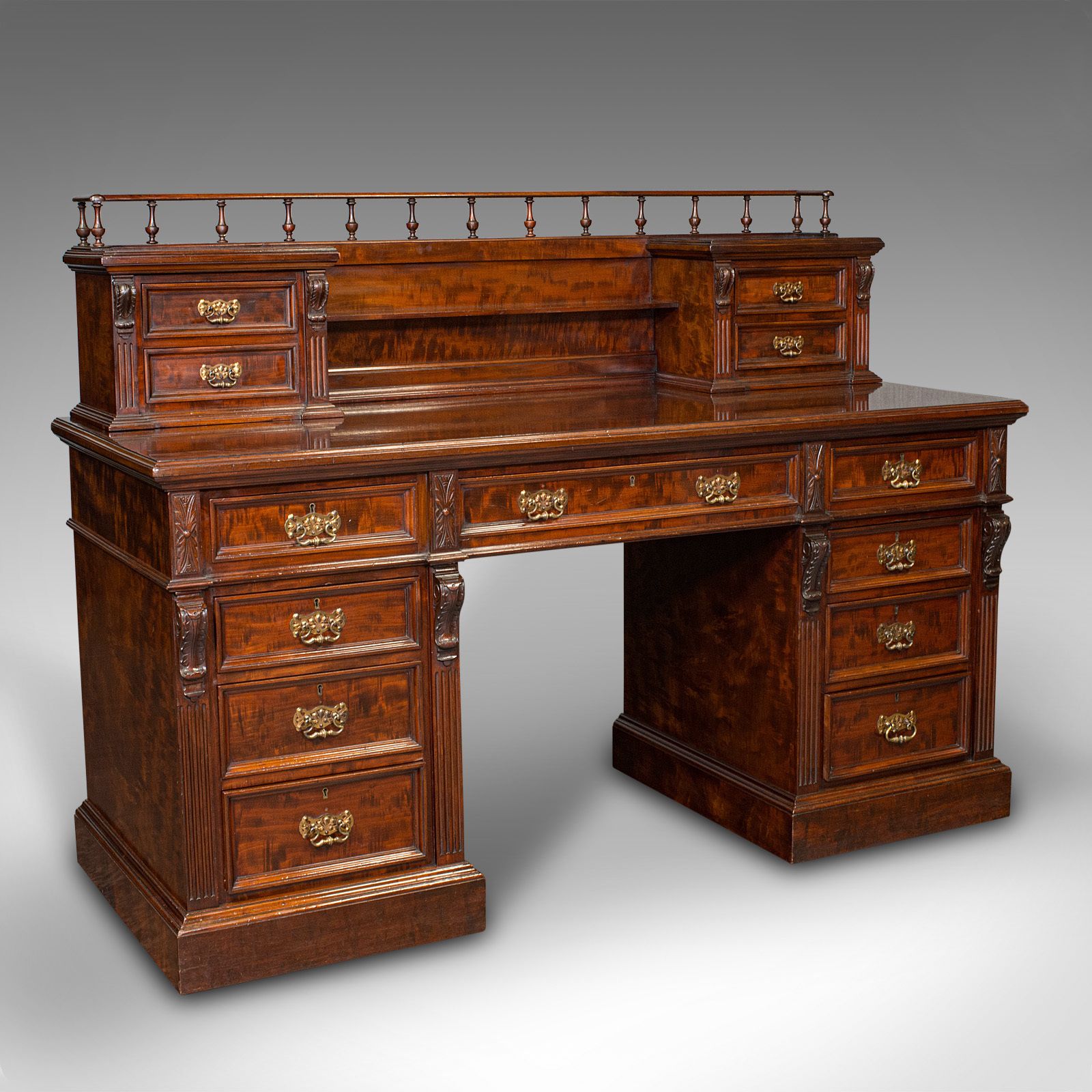 Grand Antique Executive Desk, English, Satinwood, 13 Drawer, Office