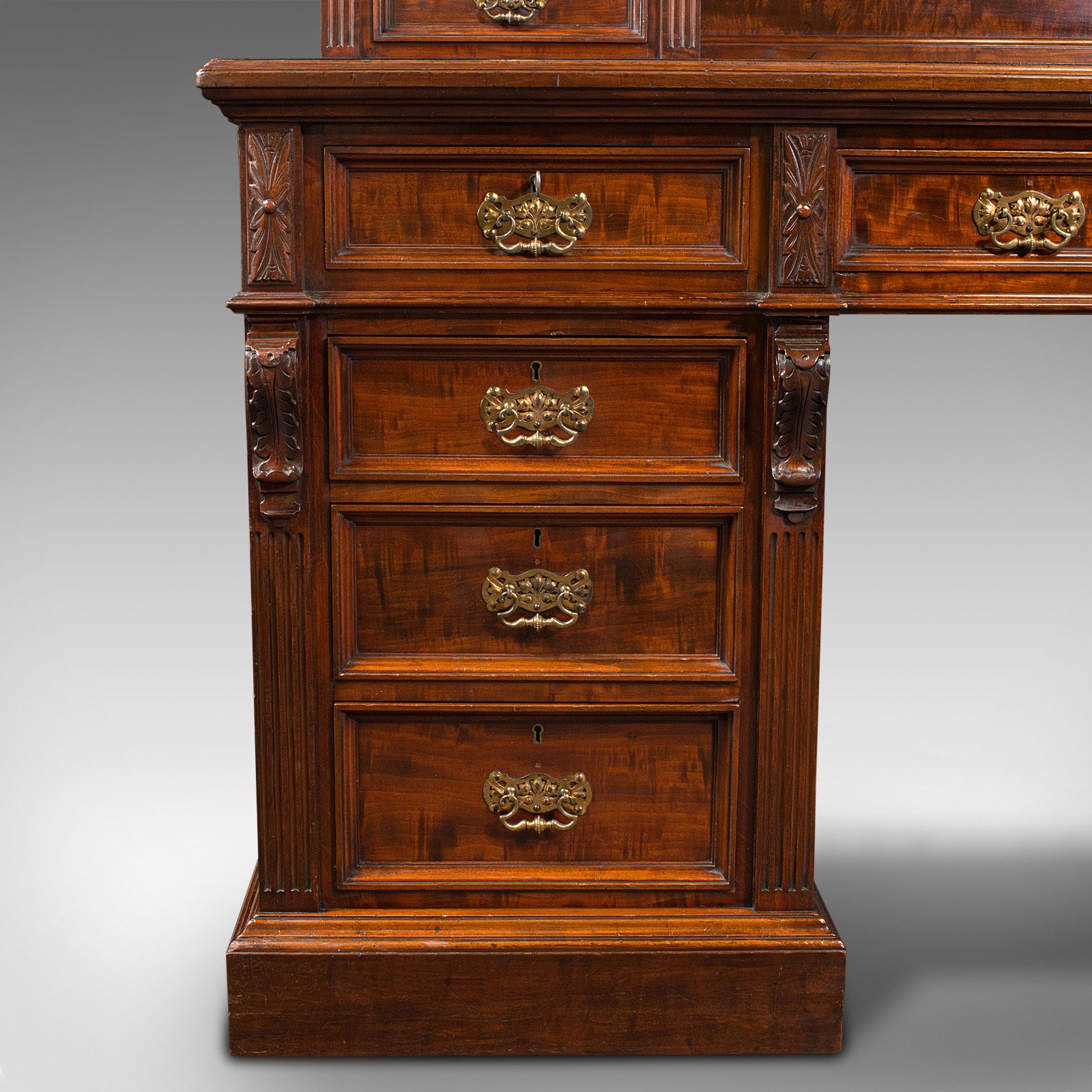 Grand Antique Executive Desk, English, Satinwood, 13 Drawer, Office photo vintage