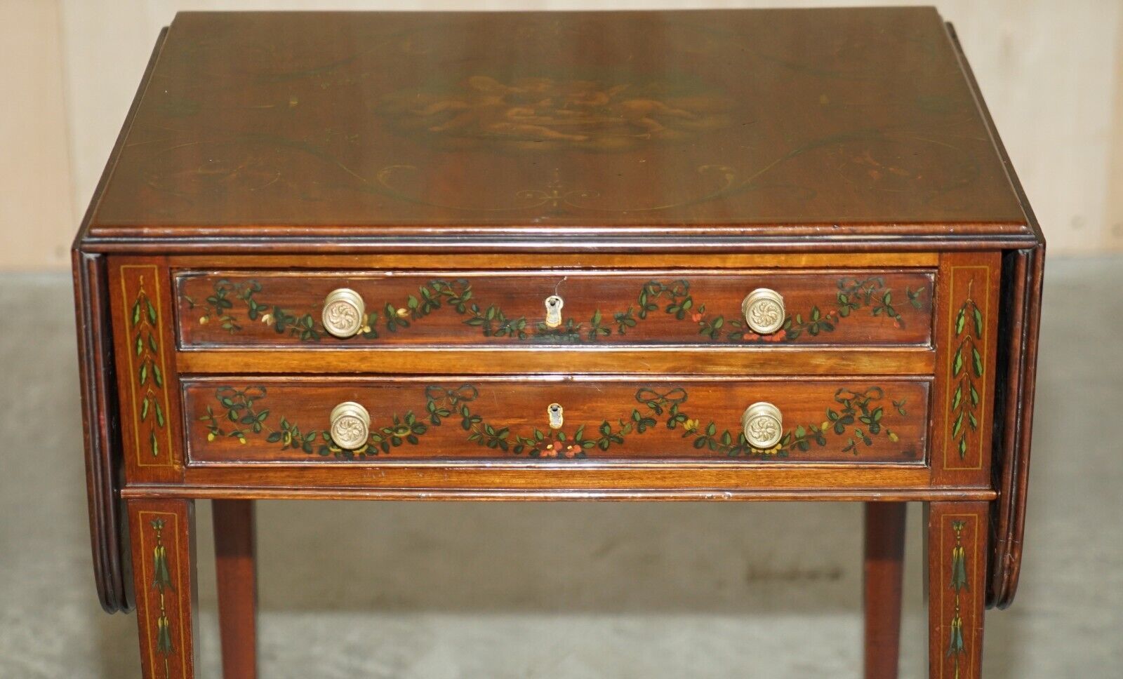 Antique Regency Circa 1815 Sheraton Hand Painted Cherub Extending Side End Table photo for sale