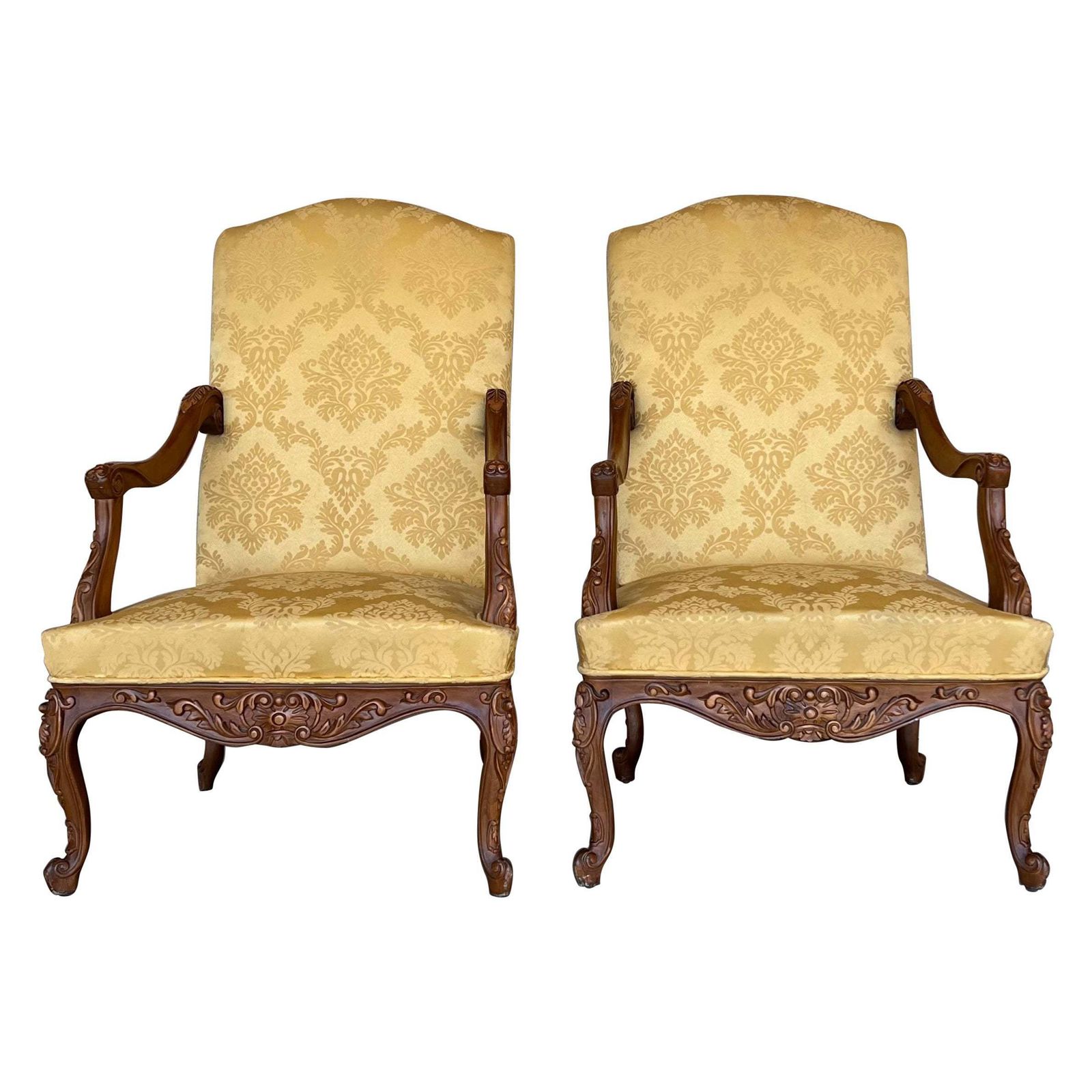 Louis XVI Style Spanish Pair Of High Back Carved Walnut Armchairs, 1900s