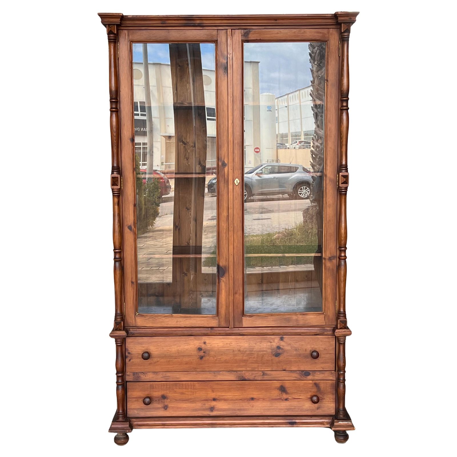 20th Century Large Cupboard Or Bookcase With Glass Vitrine, Pine, Spain Restored