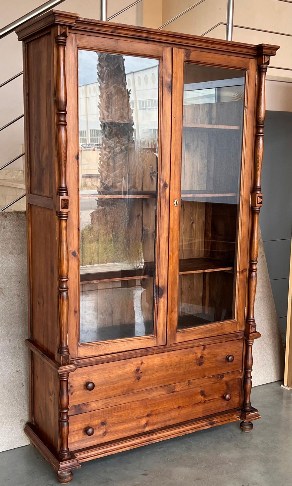 20th Century Large Cupboard Or Bookcase With Glass Vitrine, Pine, Spain Restored photo furniture
