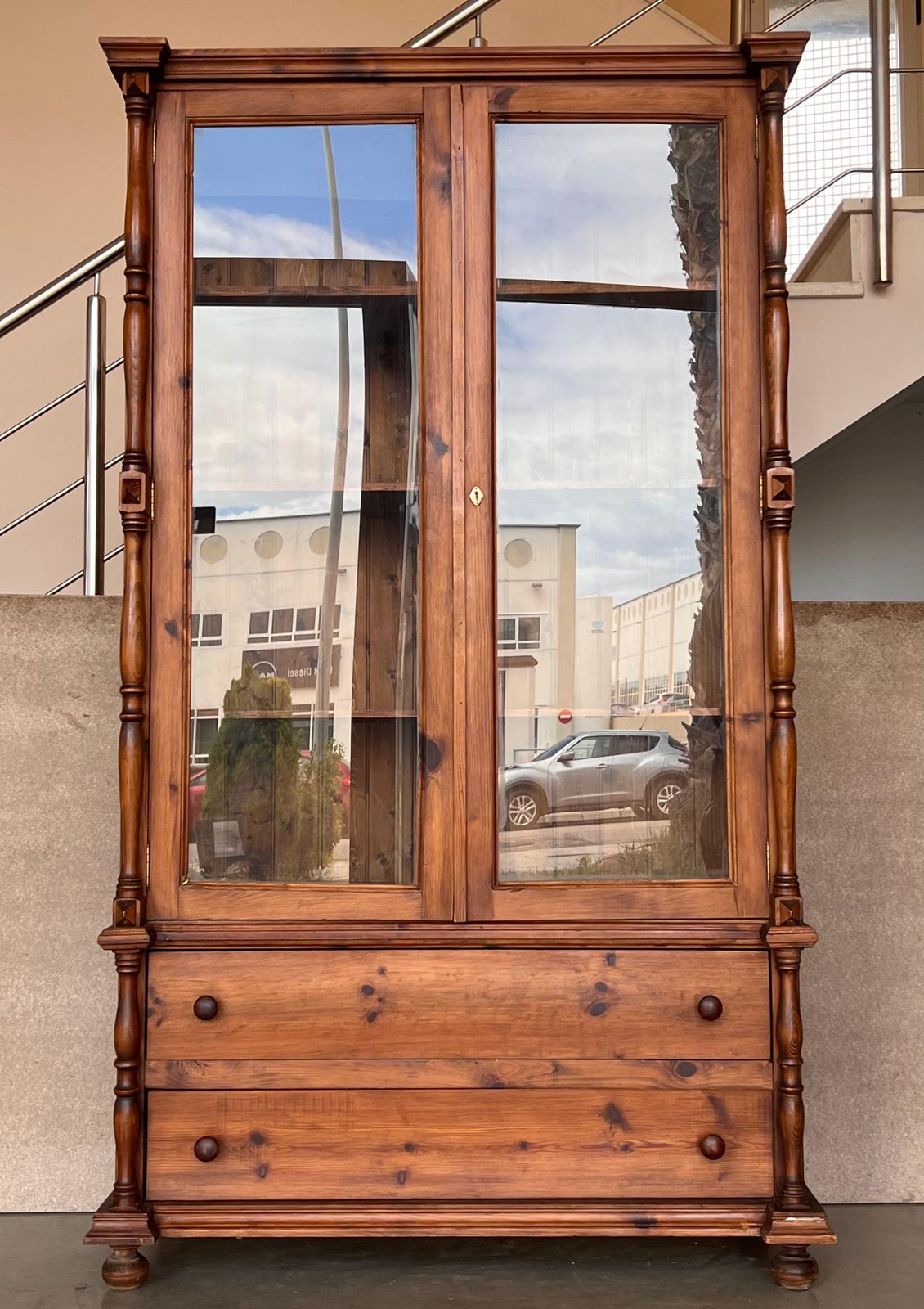 20th Century Large Cupboard Or Bookcase With Glass Vitrine, Pine, Spain Restored photo for sale