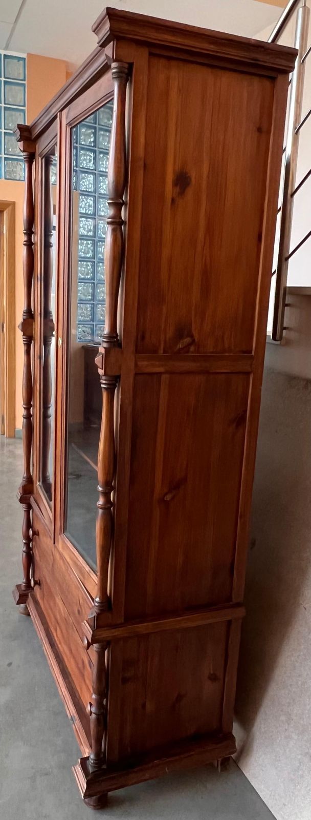 20th Century Large Cupboard Or Bookcase With Glass Vitrine, Pine, Spain Restored photo Furniture