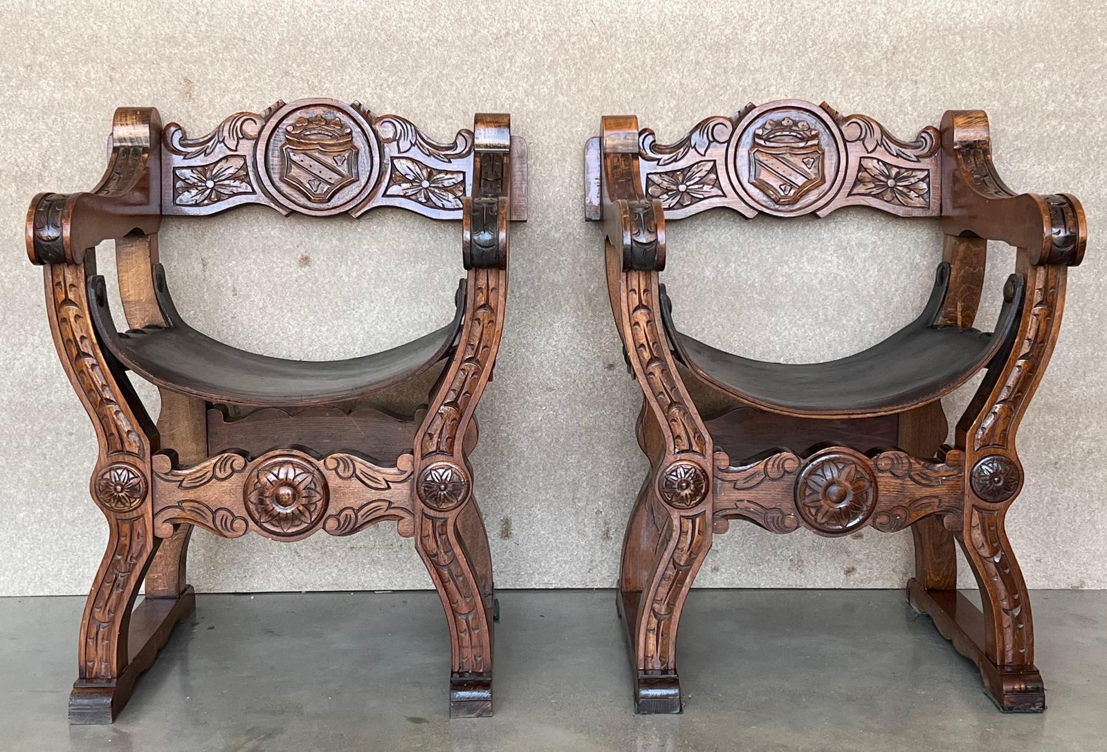 19th Pair Of Carved Walnut Leather Savonarola Bench Or Settee photo furniture