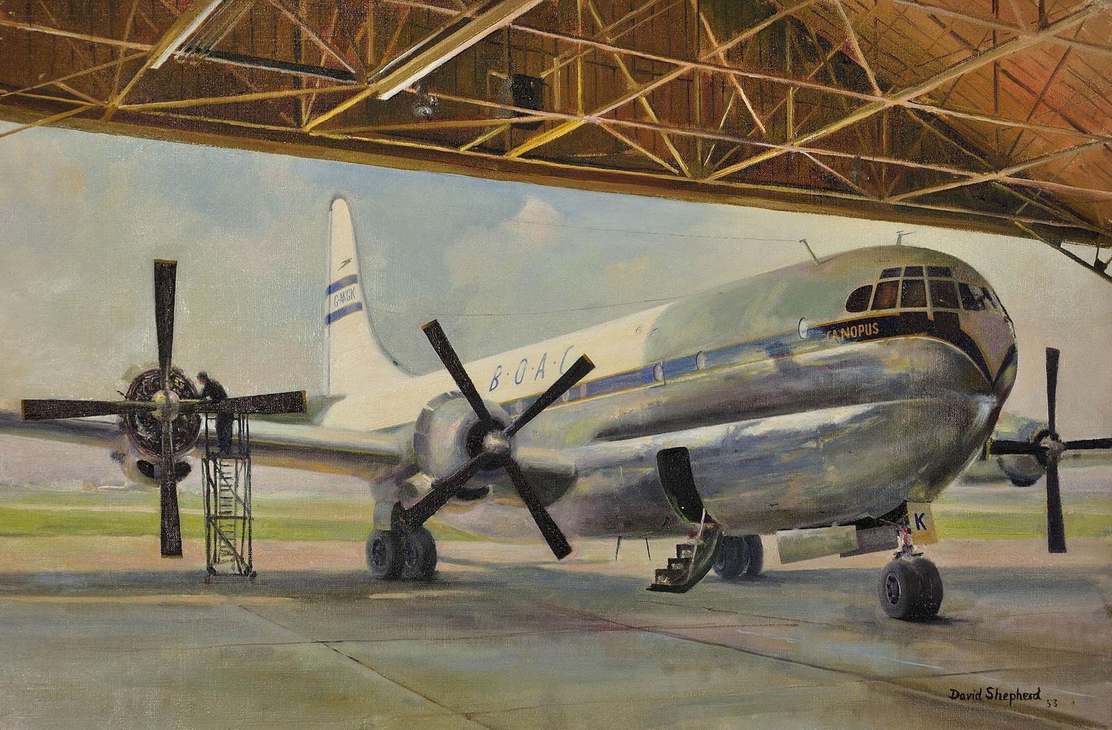 David Shepherd 1931 To  2017. Giant Refreshed. Boac Boeing 377 Stratocruiser. Framed 1950s Aviation Oil Painting. British Airline. American Aircraft. photo furniture