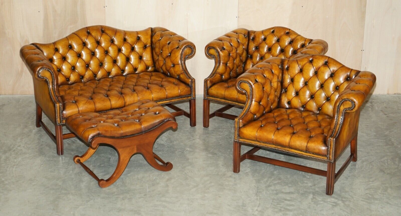 Antique Restored Brown Leather Chesterfield Library Armchairs Sofa Stool Suite