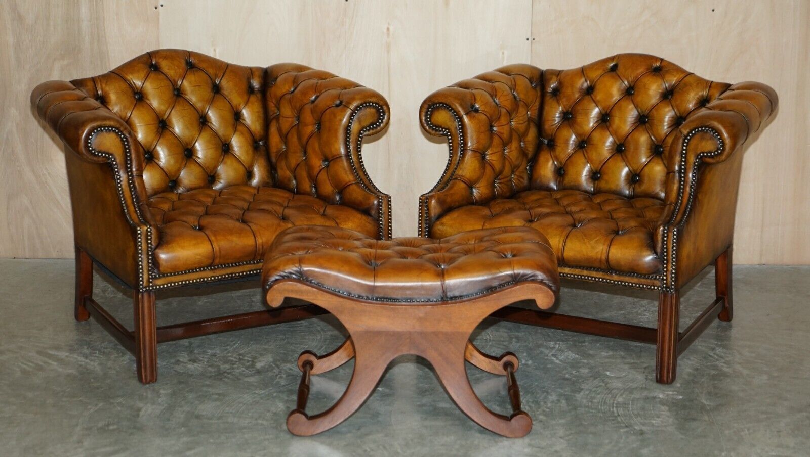 Antique Restored Brown Leather Chesterfield Library Armchairs Sofa Stool Suite photo furniture