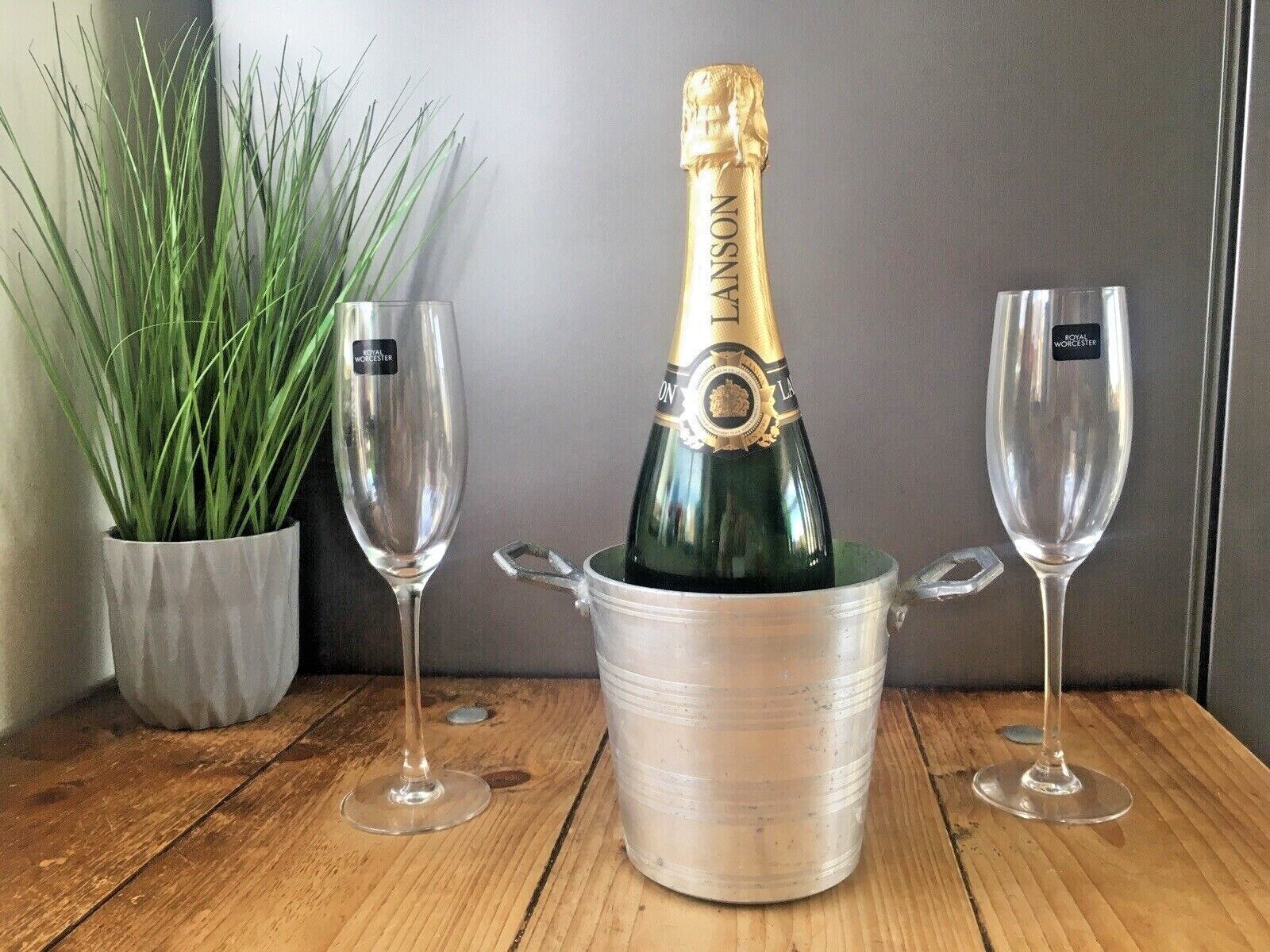 Small Art Deco Banded Aluminium Champagne Wine Bottle Ice Bucket Cooler Bar Item