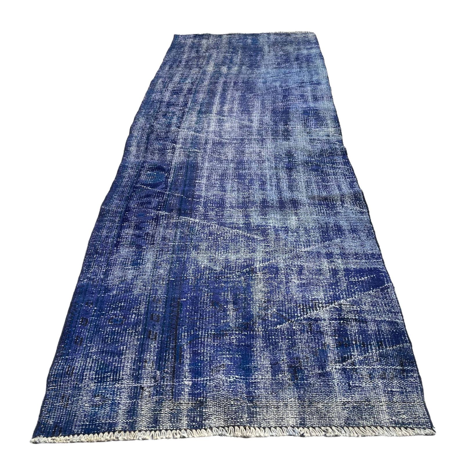 Distressed Turkish Narrow Runner 270 X 87 Cm Wool Vintage Rug Runner, Overdyed Blue Rug Runner