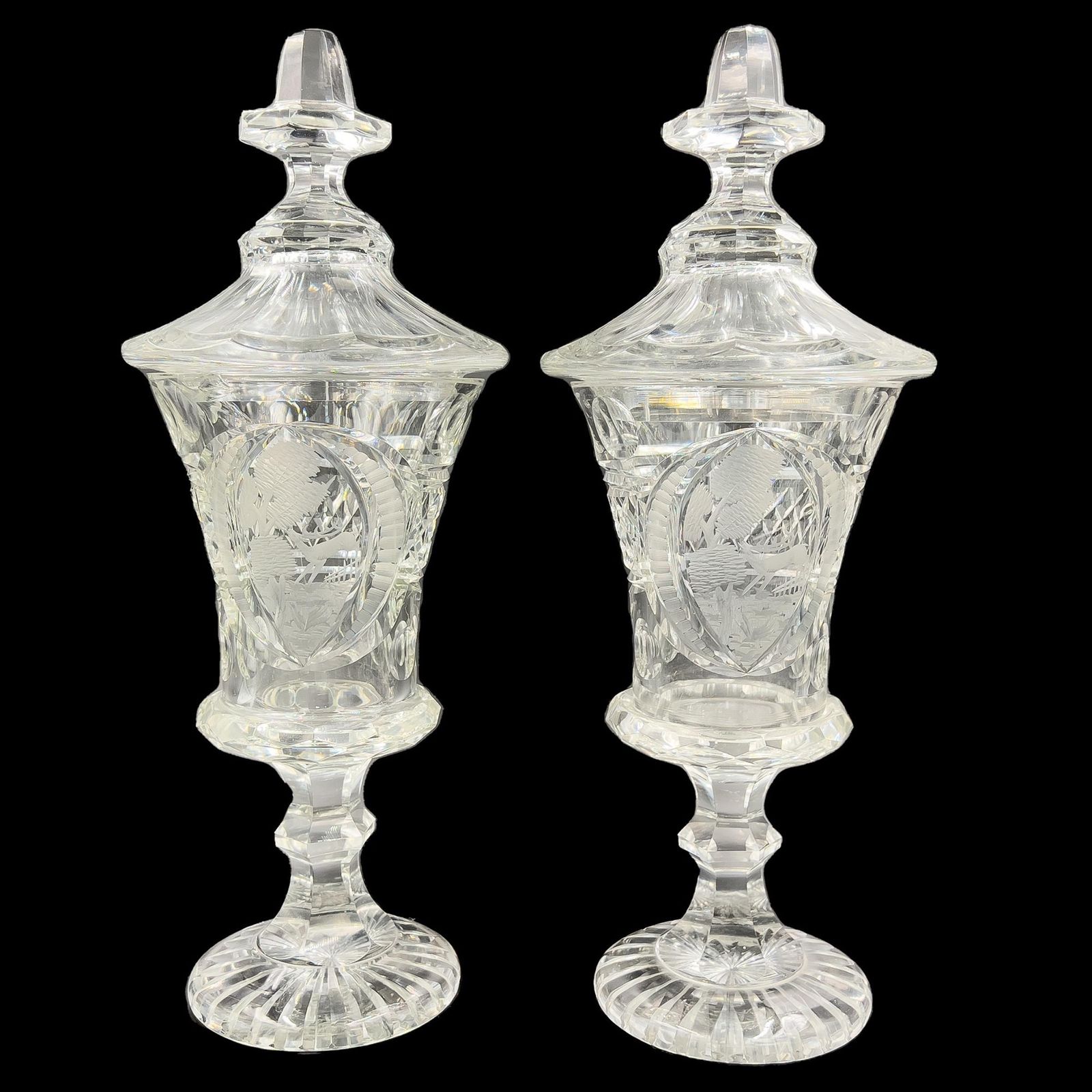 A Fine Pair Of Bohemian Cut And Etched Lidded Glass Vases, Late 19th/Early 20th Century