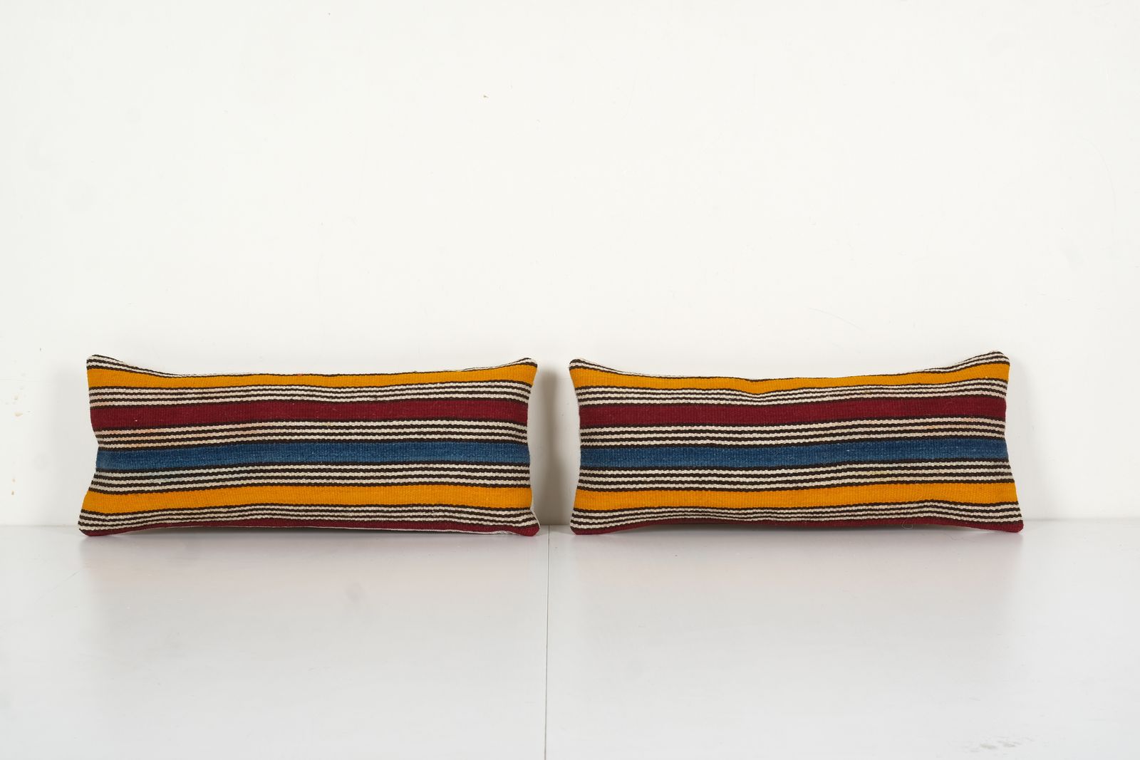 Set Of Two Striped Turkish Kilim Pillow, Pair Yellow Handwoven Kilim Pillow, Matching Designer Couch Cushion Cover 8'' X 20''