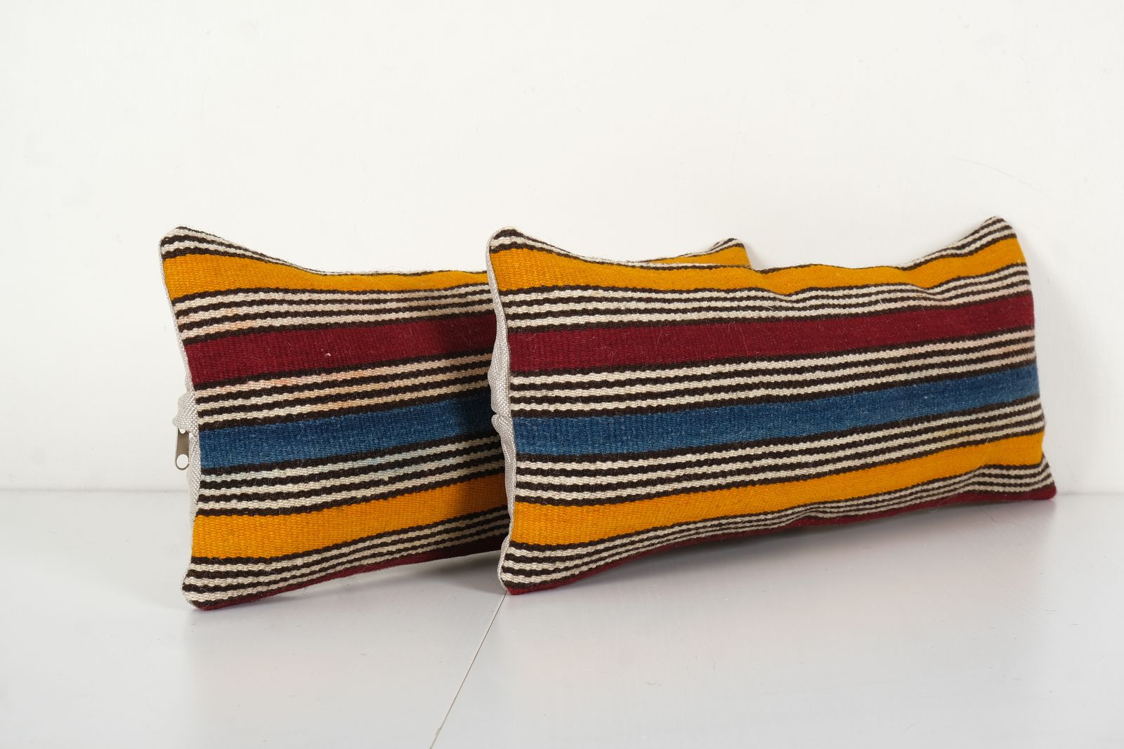Set Of Two Striped Turkish Kilim Pillow, Pair Yellow Handwoven Kilim Pillow, Matching Designer Couch Cushion Cover 8'' X 20'' photo for sale